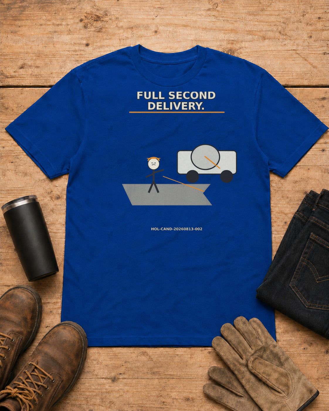 Half a Yard Short. Full Second Delivery. | Concrete T-Shirt in Royal Blue workbench flat lay