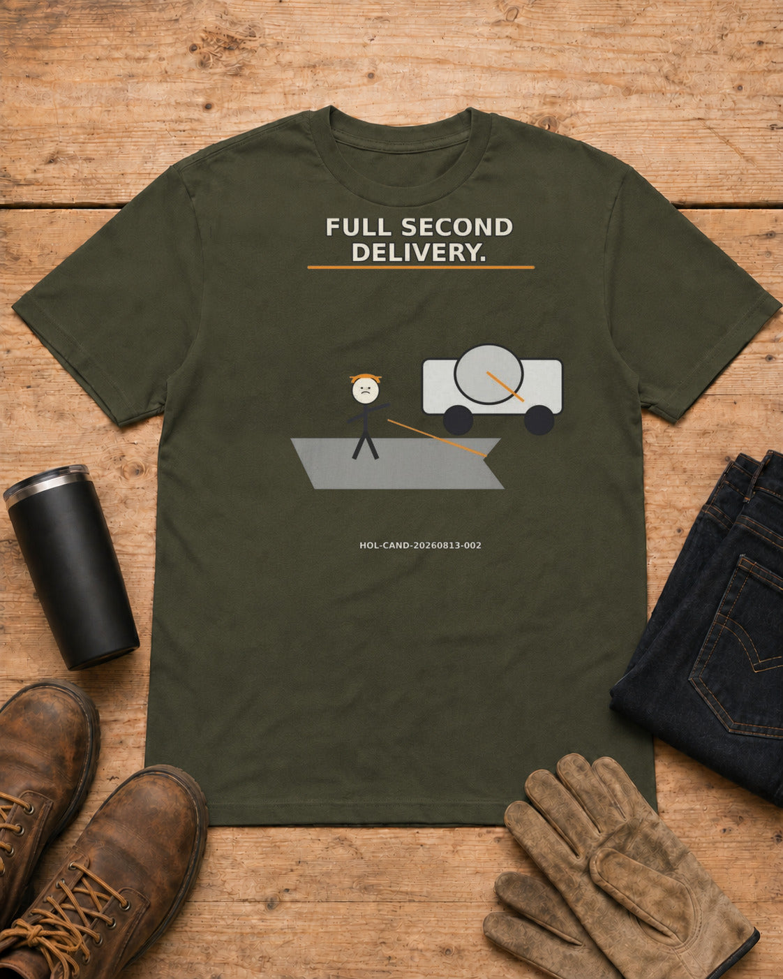 Half a Yard Short. Full Second Delivery. | Concrete T-Shirt in Military Green workbench flat lay