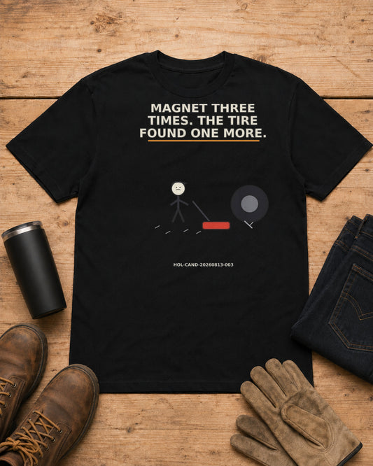 We Ran the Magnet Three Times. The Tire Found One More. | Roofer T-Shirt in Black workbench flat lay