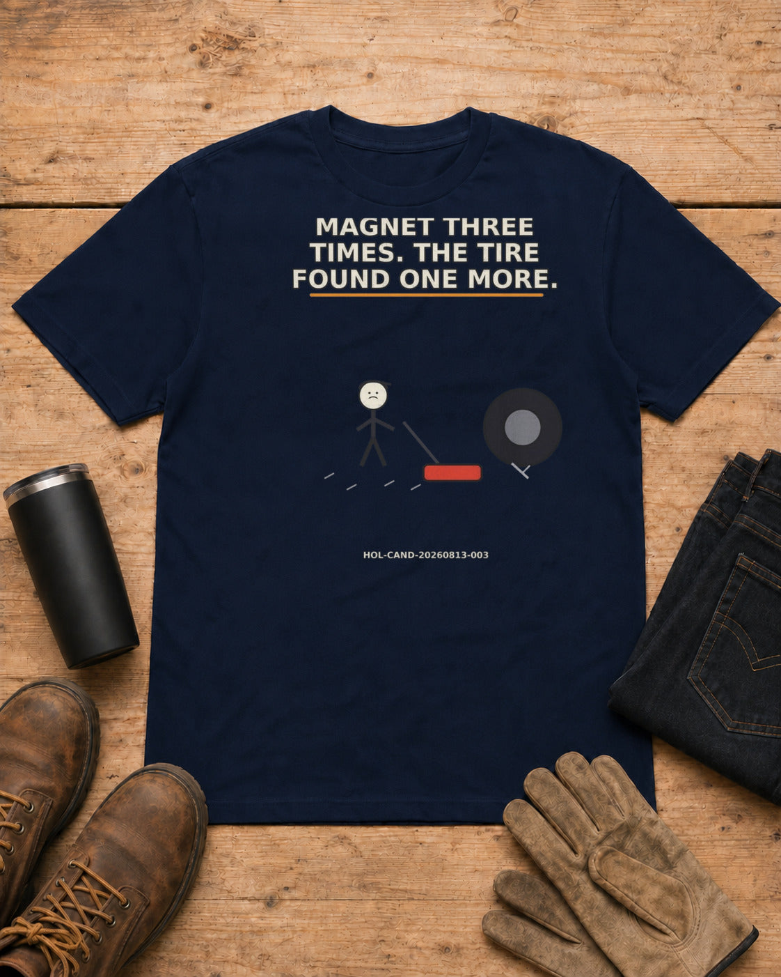 We Ran the Magnet Three Times. The Tire Found One More. | Roofer T-Shirt in Navy workbench flat lay