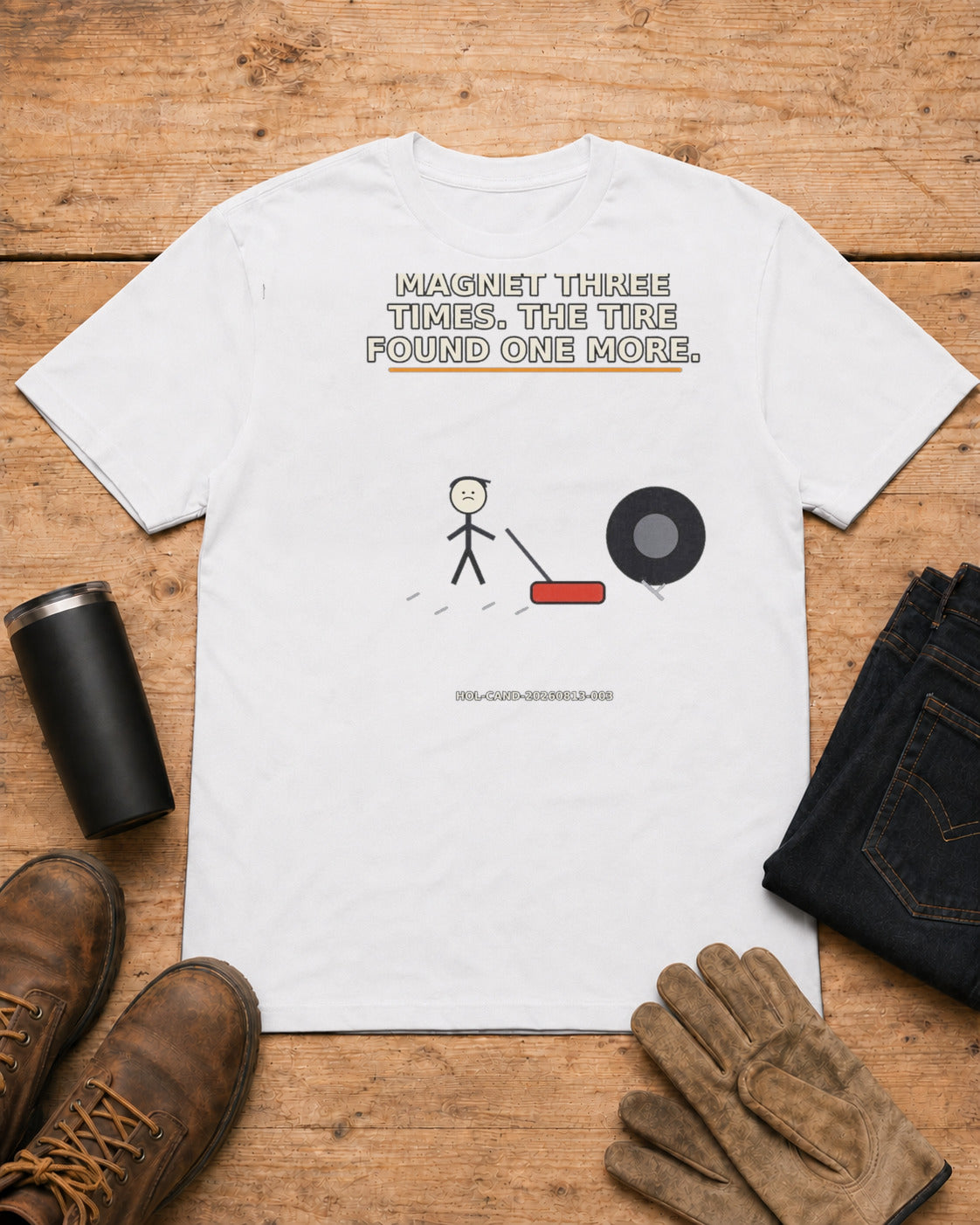 We Ran the Magnet Three Times. The Tire Found One More. | Roofer T-Shirt in White workbench flat lay