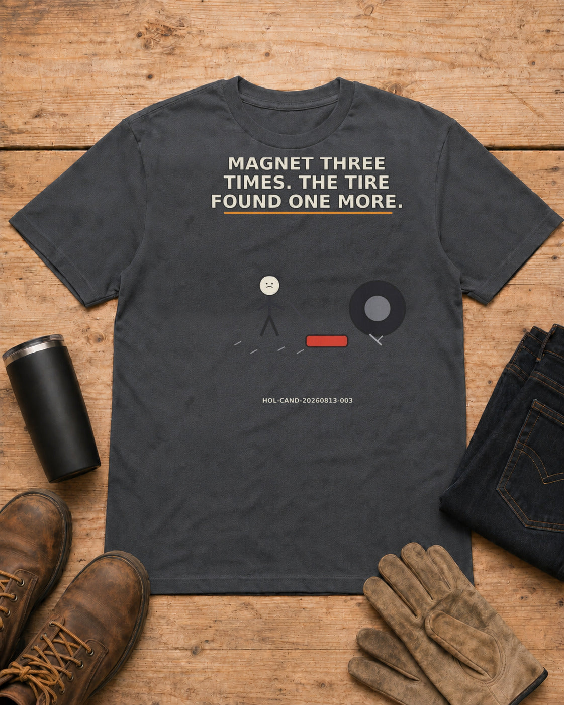 We Ran the Magnet Three Times. The Tire Found One More. | Roofer T-Shirt in Dark Heather workbench flat lay