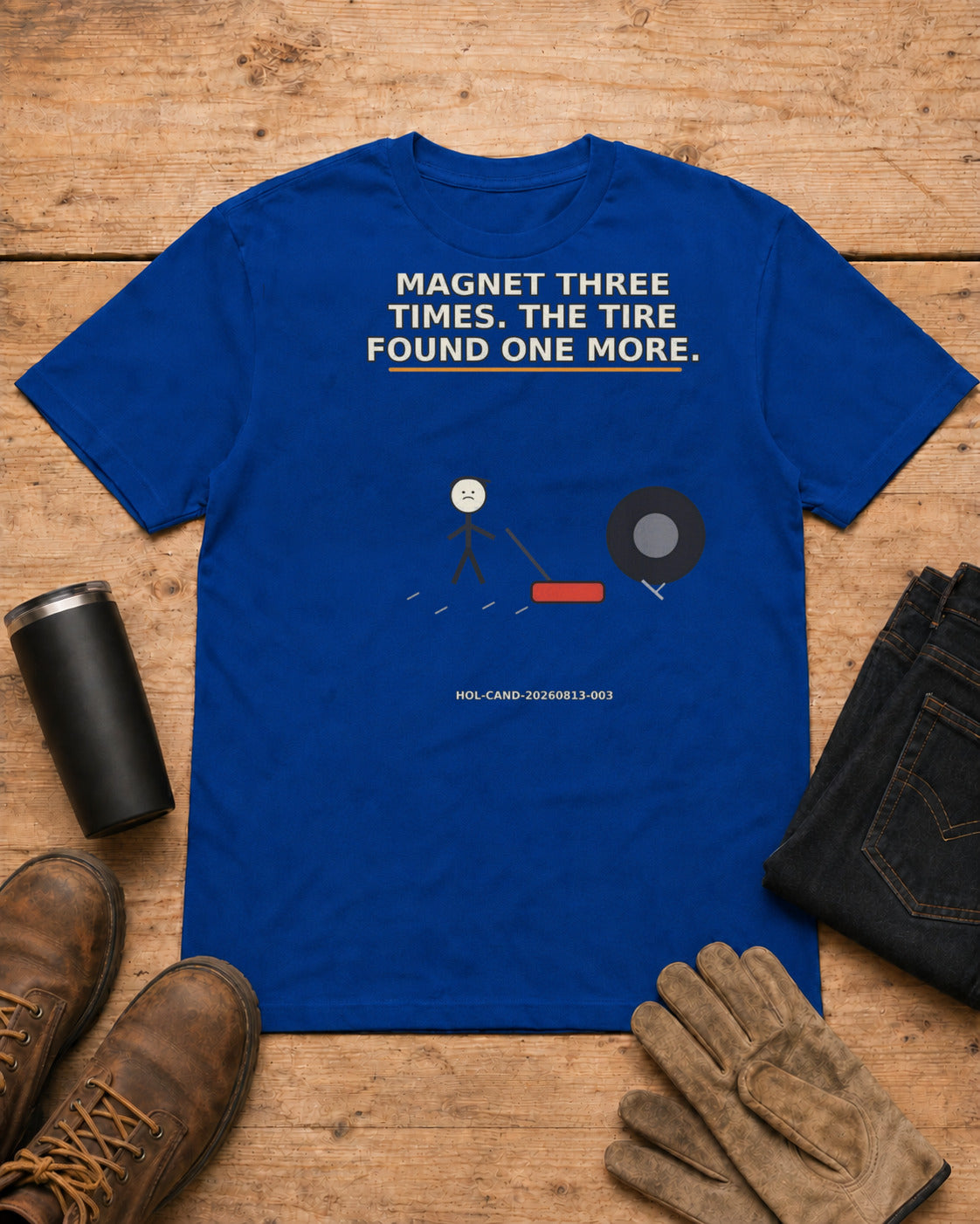 We Ran the Magnet Three Times. The Tire Found One More. | Roofer T-Shirt in Royal Blue workbench flat lay