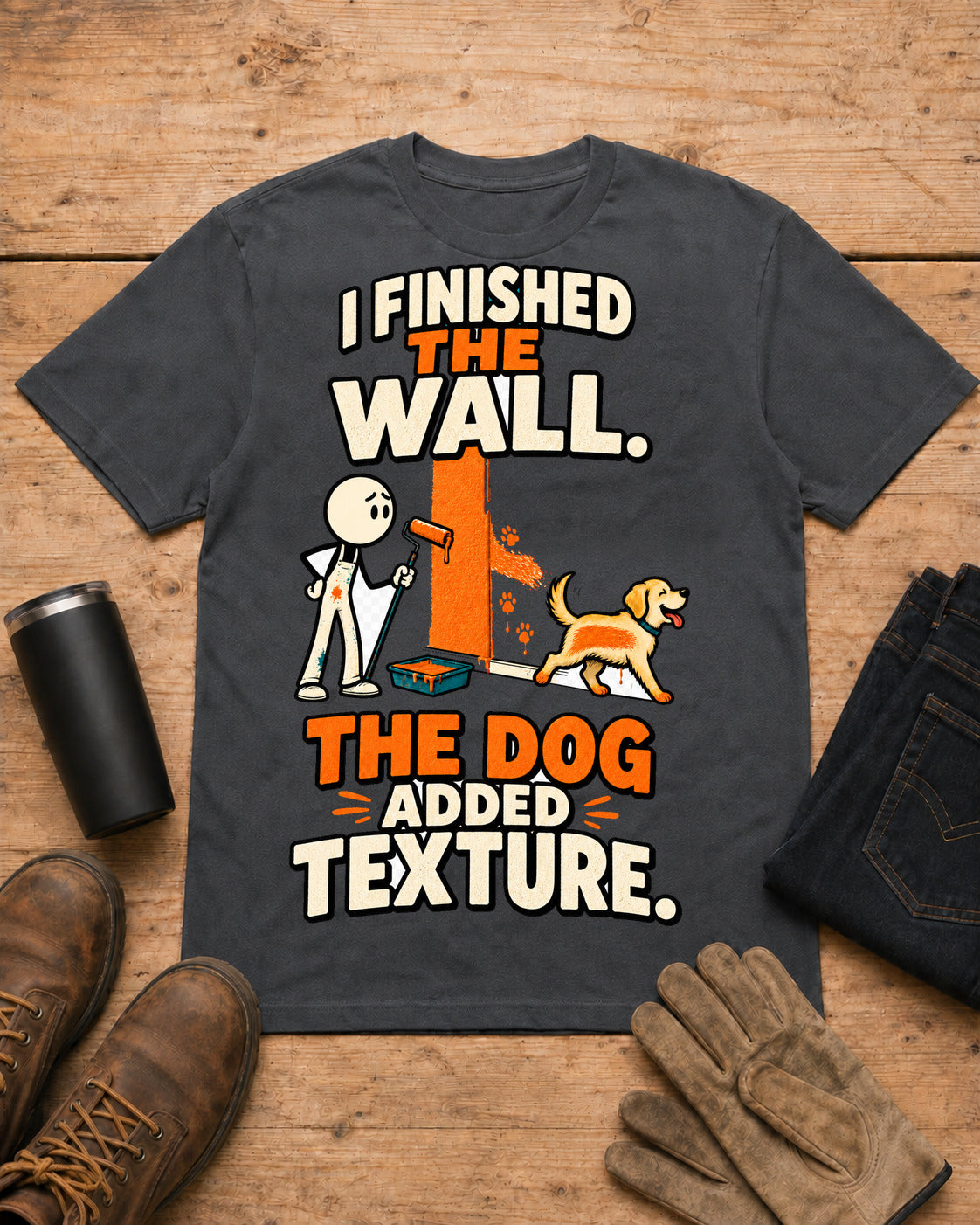 I Finished the Wall. The Dog Added Texture. | Funny Painter T-Shirt in Dark Heather workbench flat lay