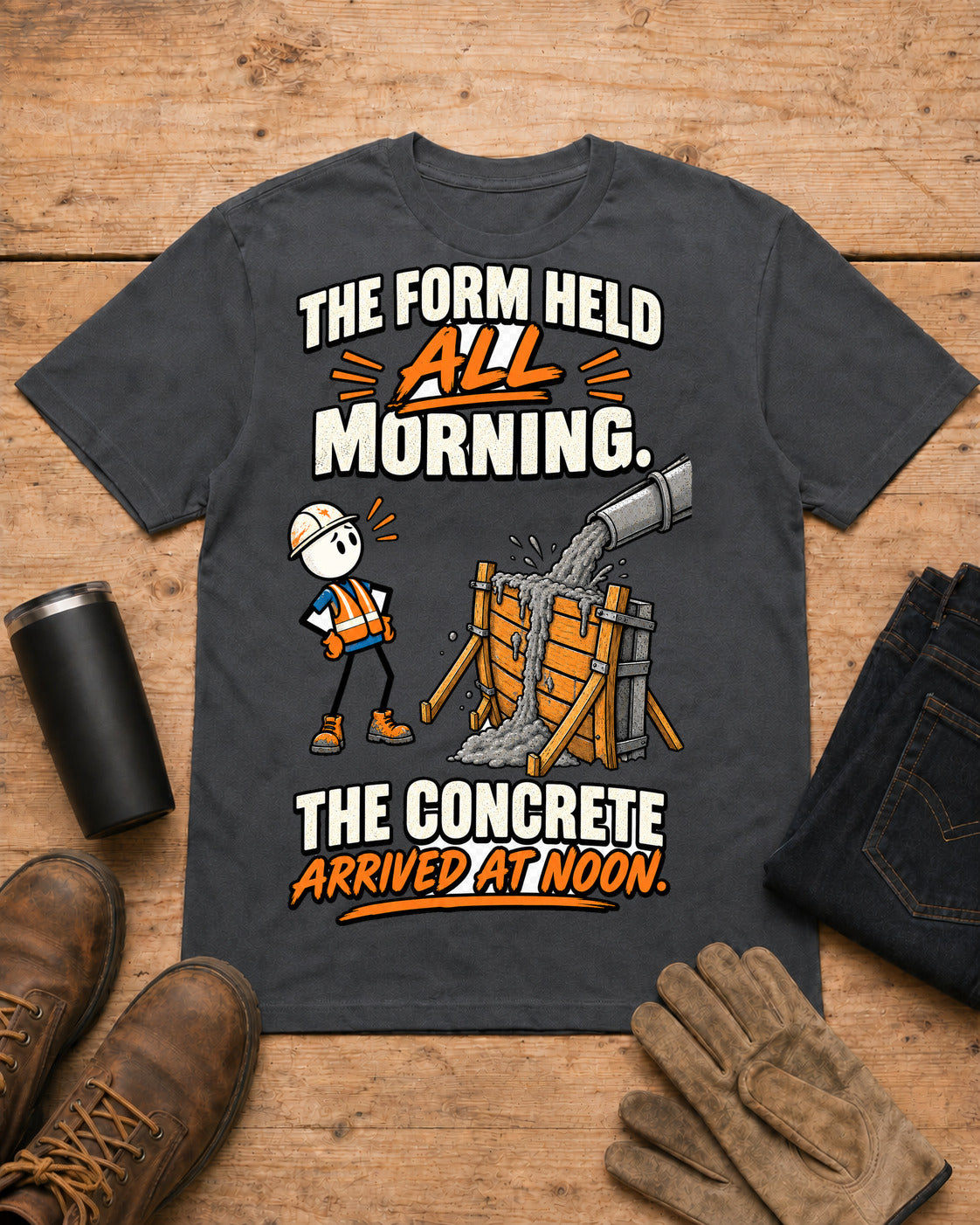 The Form Held All Morning. The Concrete Arrived at Noon. | Concrete Worker T-Shirt in Dark Heather workbench flat lay