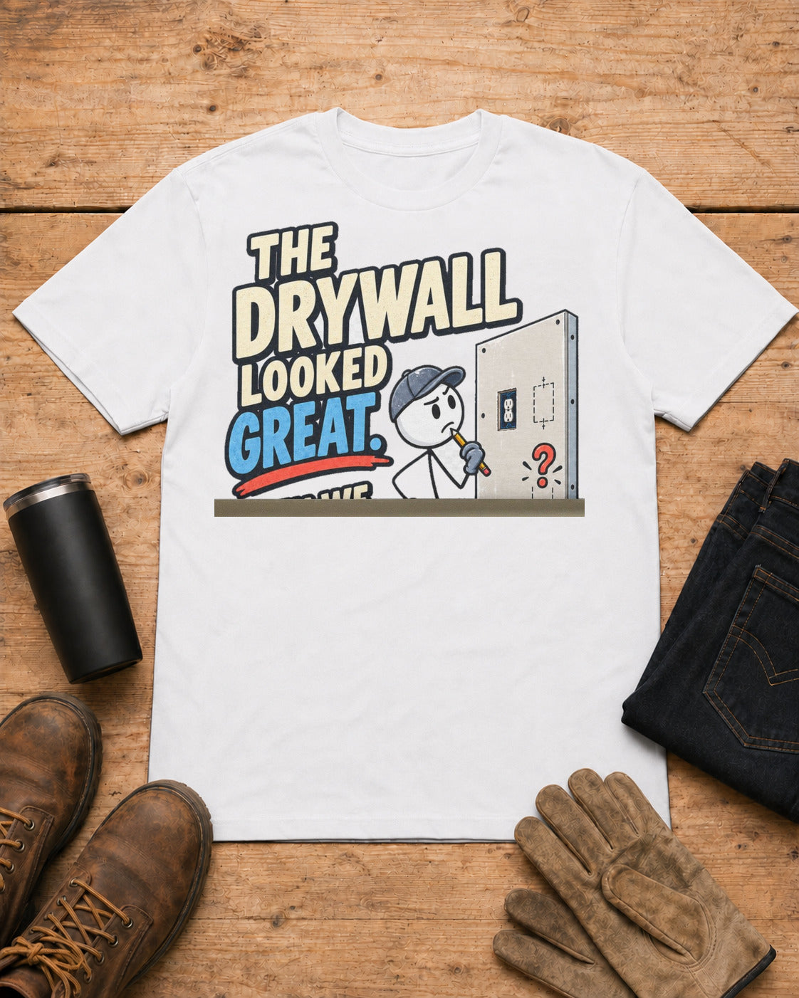 The Drywall Looked Great. Then We Counted the Outlets. | Drywall T-Shirt in White workbench flat lay