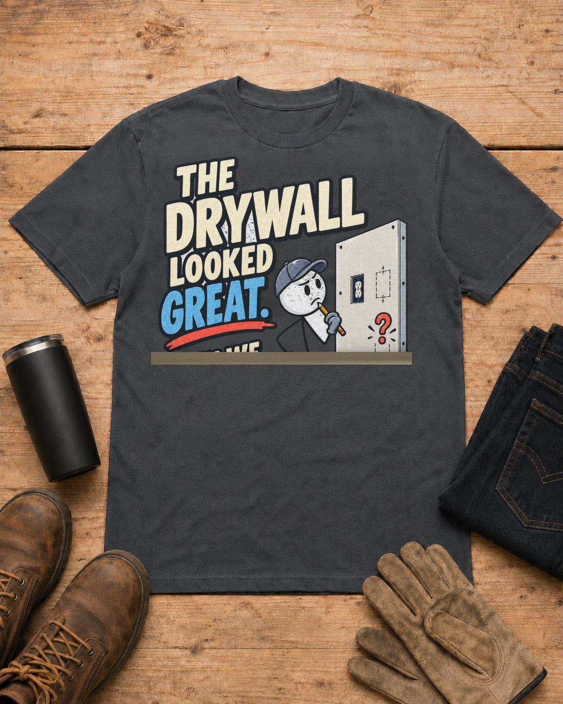 The Drywall Looked Great. Then We Counted the Outlets. | Drywall T-Shirt in Dark Heather workbench flat lay