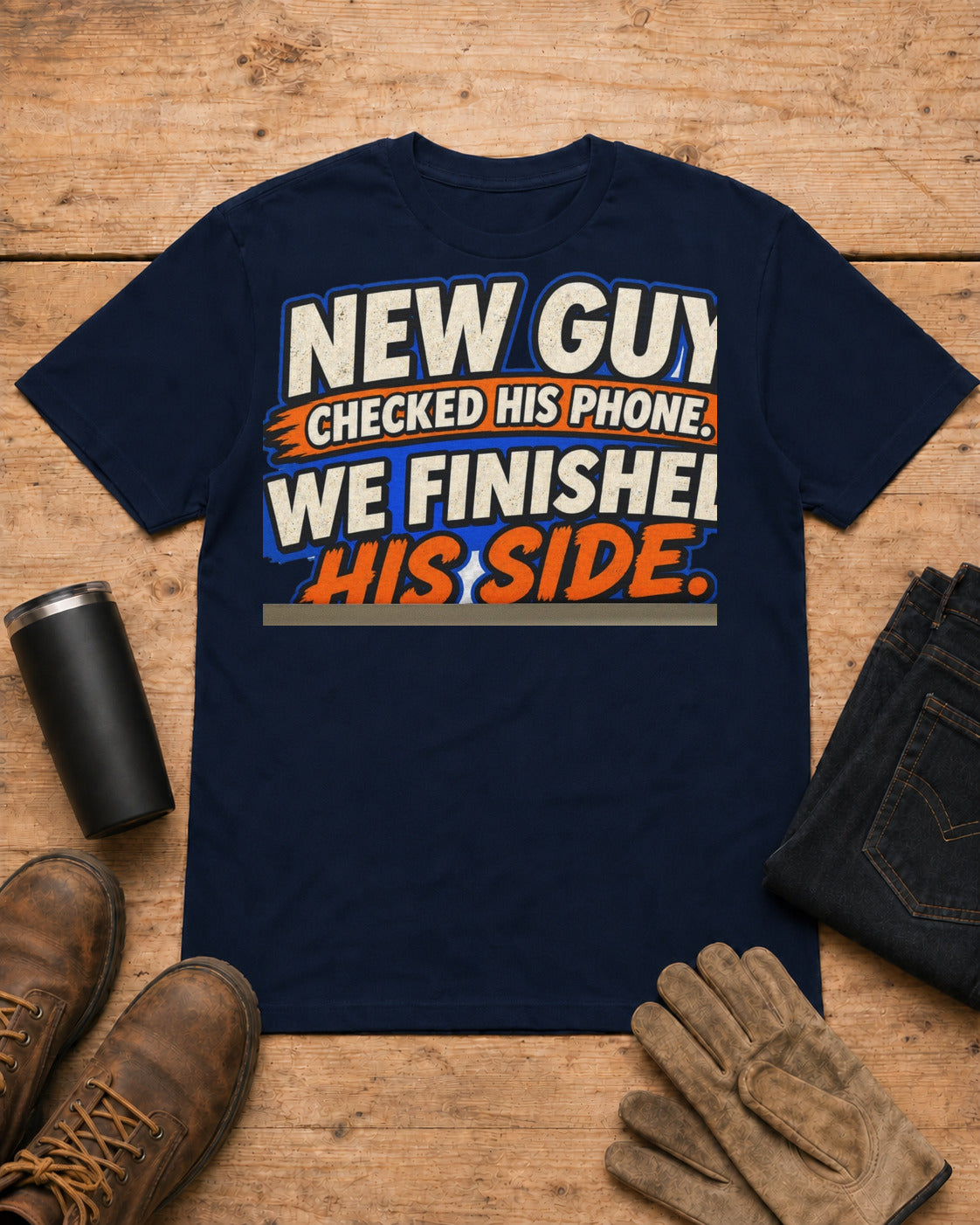 New Guy Checked His Phone. We Finished His Side. | Construction T-Shirt in Navy workbench flat lay