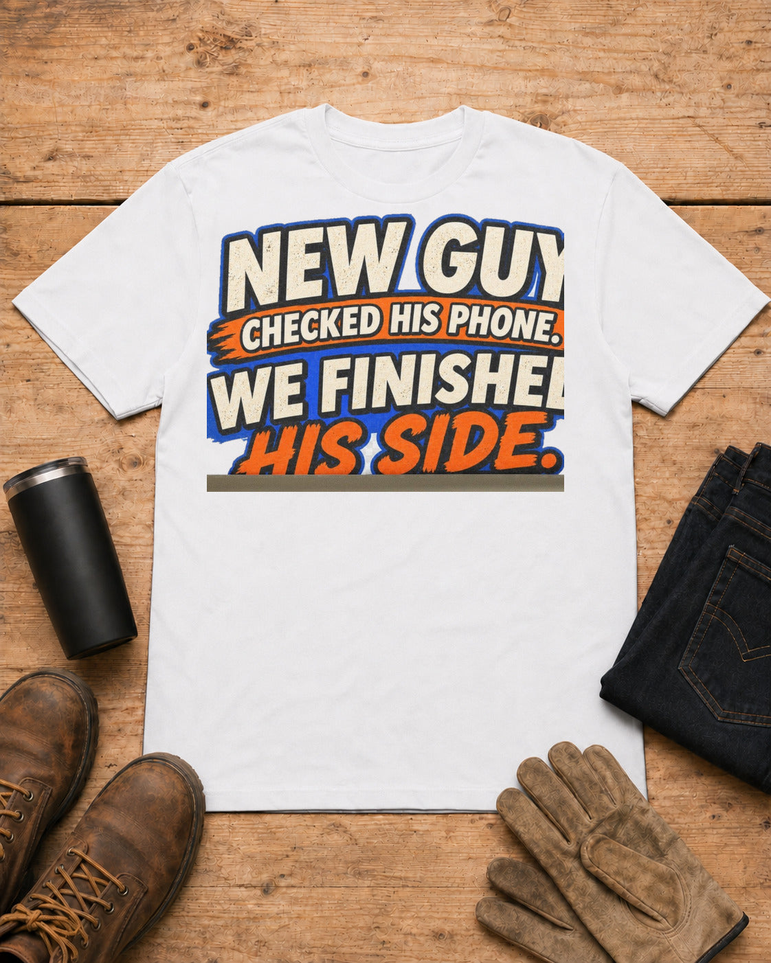 New Guy Checked His Phone. We Finished His Side. | Construction T-Shirt in White workbench flat lay