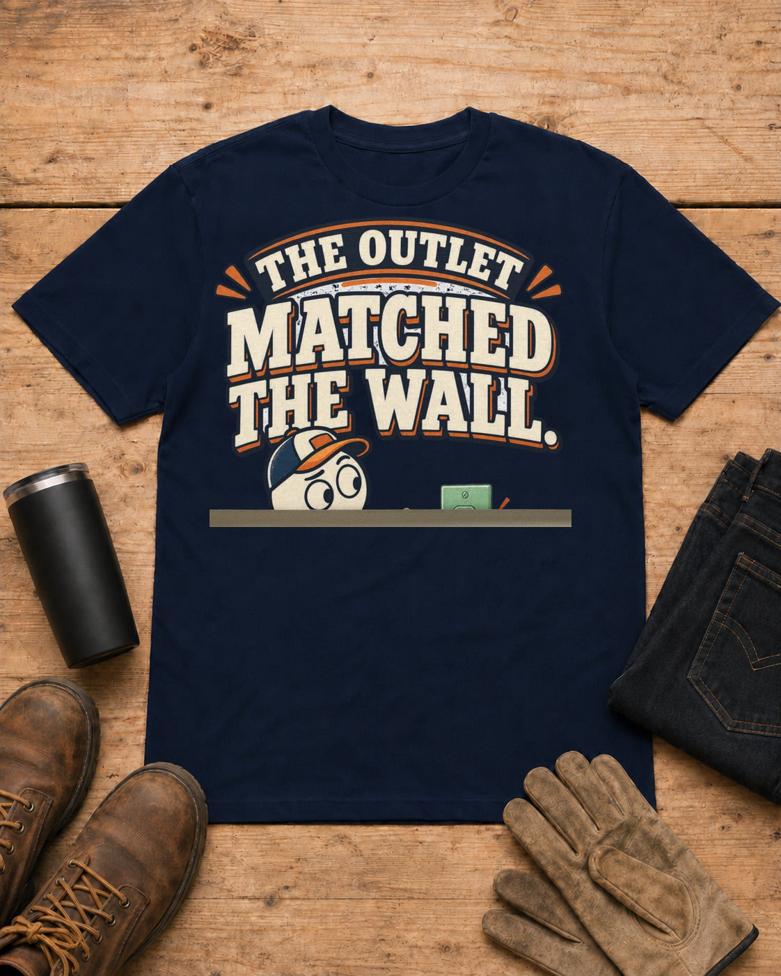 The Outlet Matched the Wall. Too Well. | Funny Electrician T-Shirt in Navy workbench flat lay