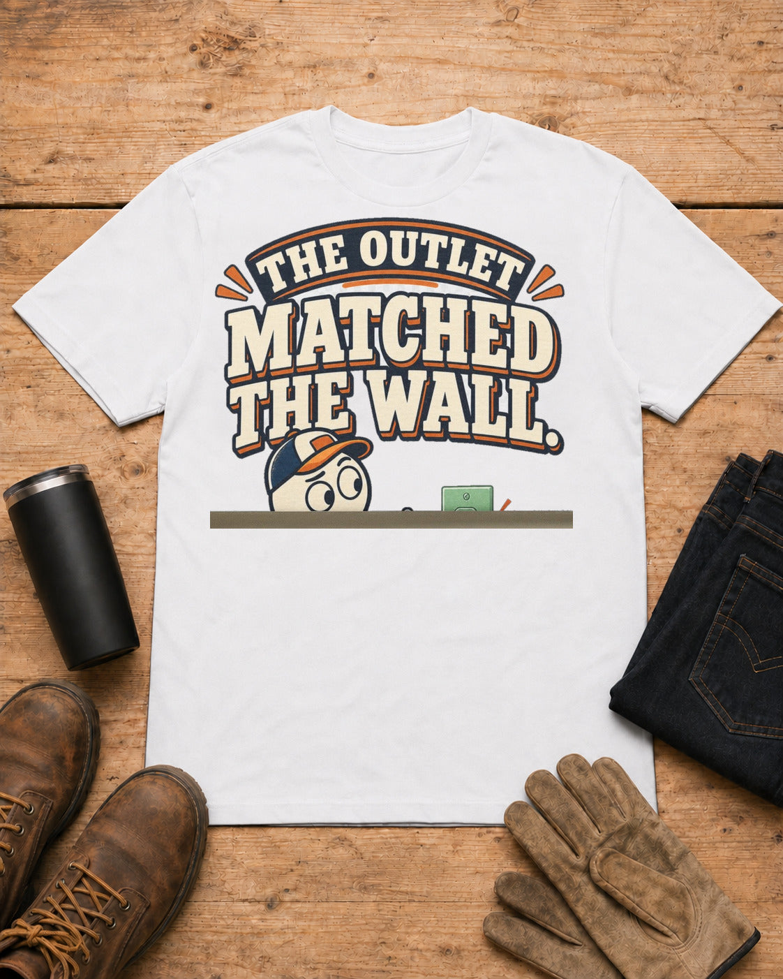 The Outlet Matched the Wall. Too Well. | Funny Electrician T-Shirt in White workbench flat lay