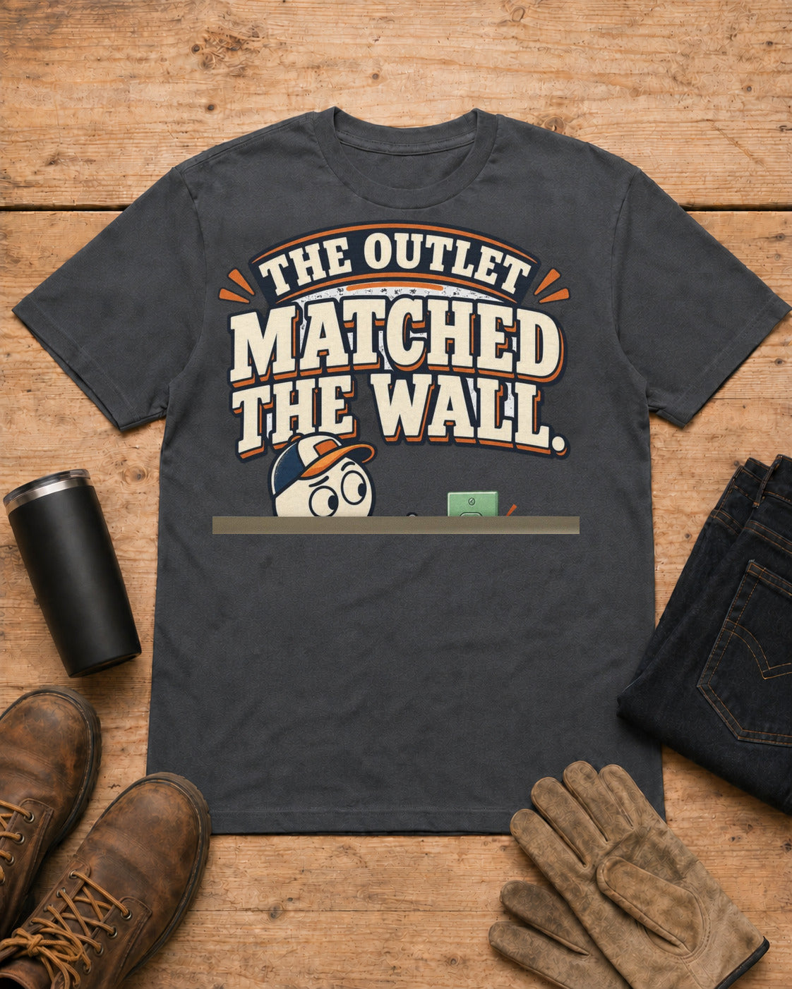 The Outlet Matched the Wall. Too Well. | Funny Electrician T-Shirt in Dark Heather workbench flat lay