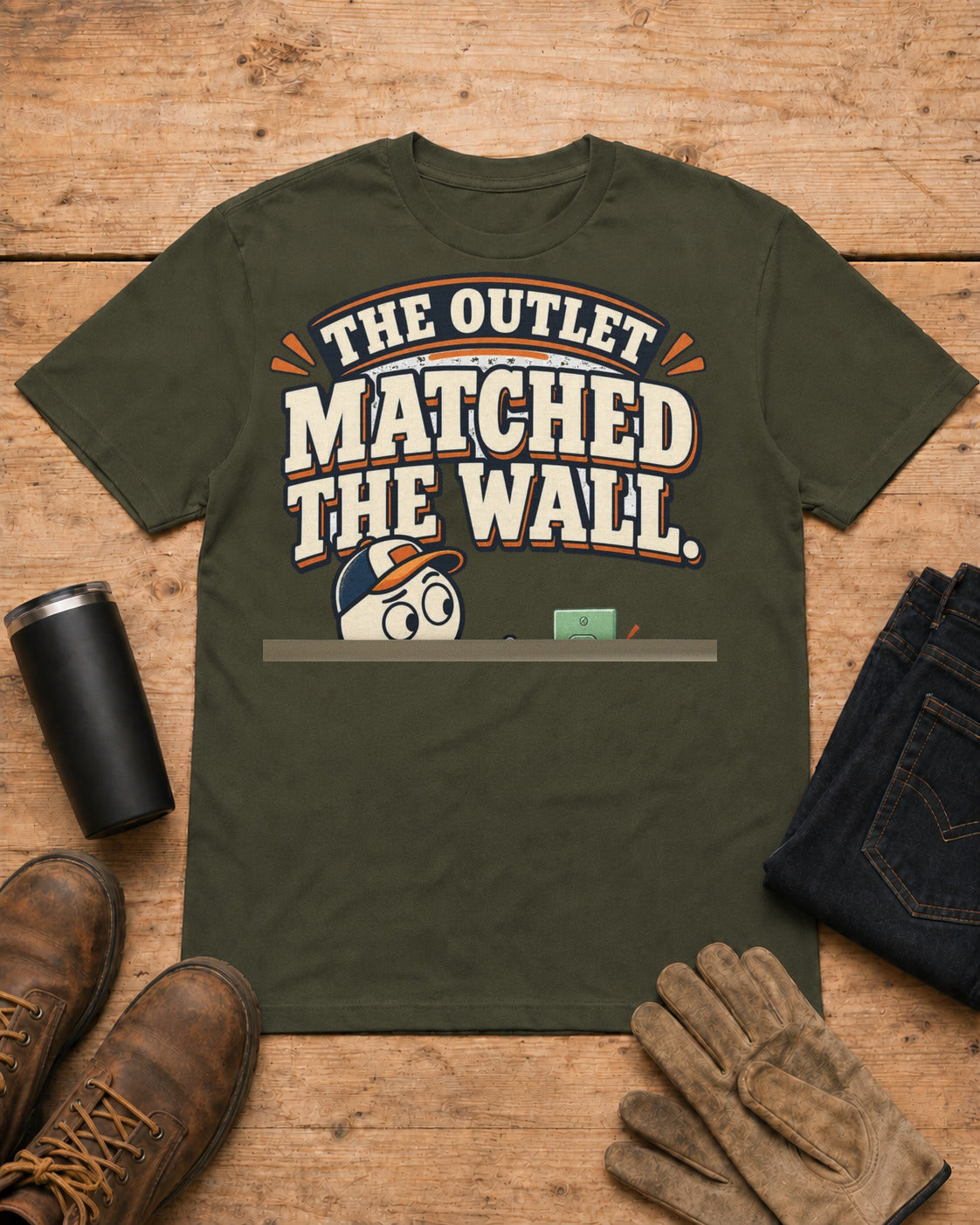 The Outlet Matched the Wall. Too Well. | Funny Electrician T-Shirt in Military Green workbench flat lay