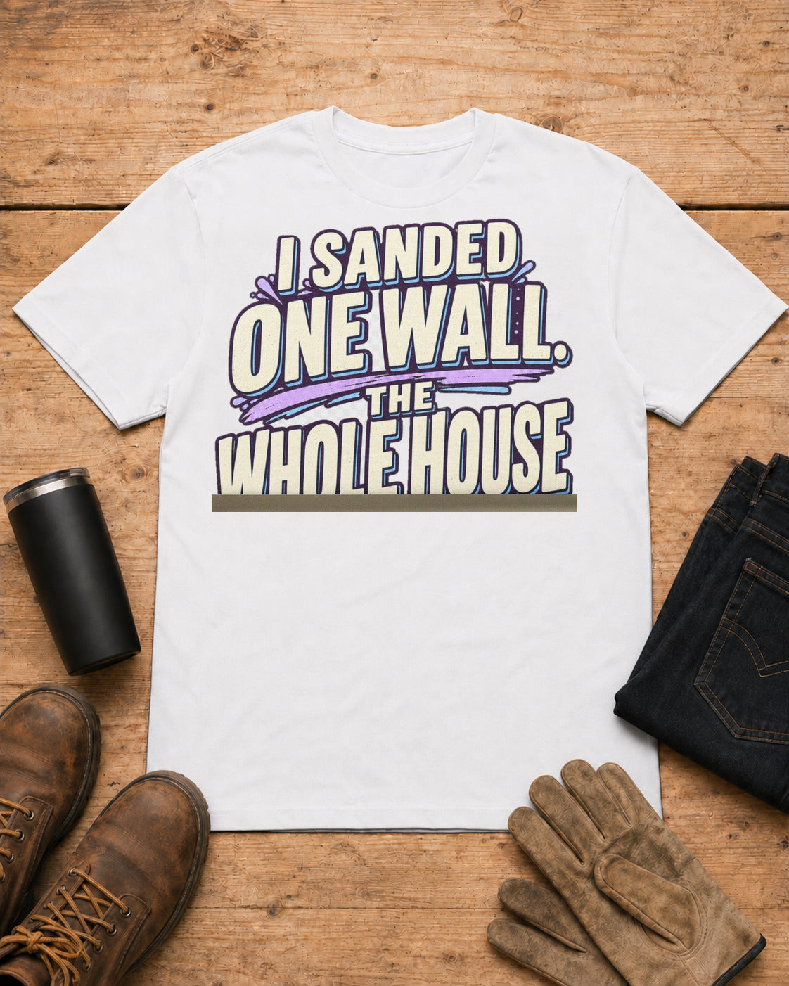 I Sanded One Wall. The Whole House Turned White. | Drywall T-Shirt in White workbench flat lay