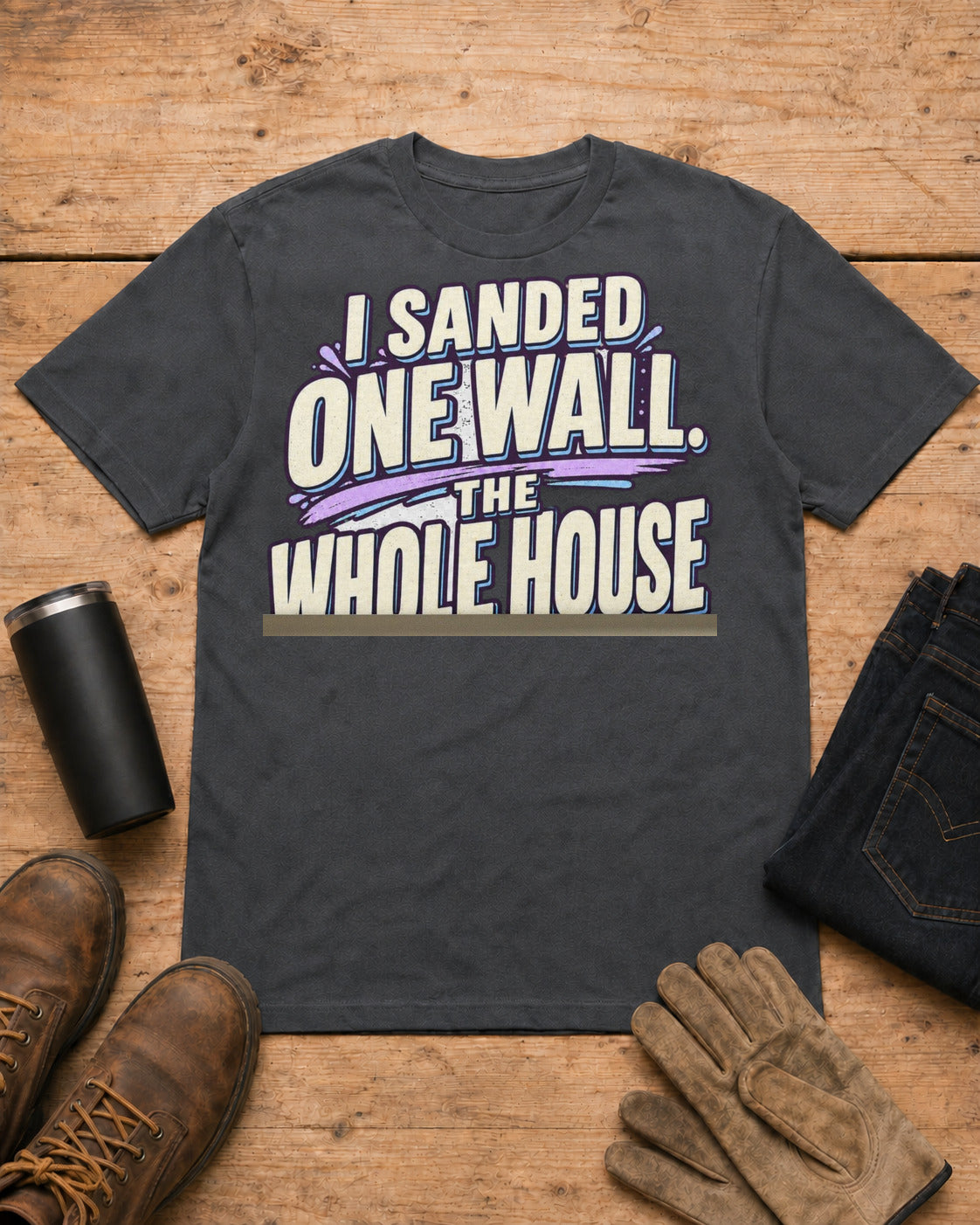 I Sanded One Wall. The Whole House Turned White. | Drywall T-Shirt in Dark Heather workbench flat lay