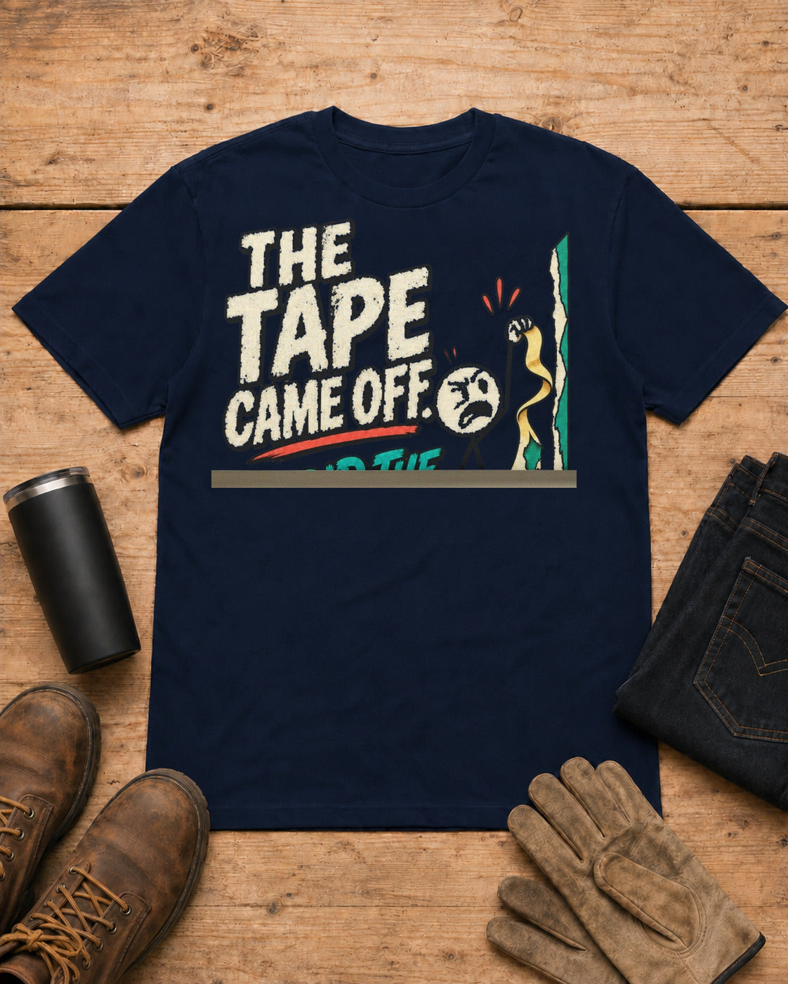 The Tape Came Off. So Did the Paint. | Funny Painter T-Shirt in Navy workbench flat lay
