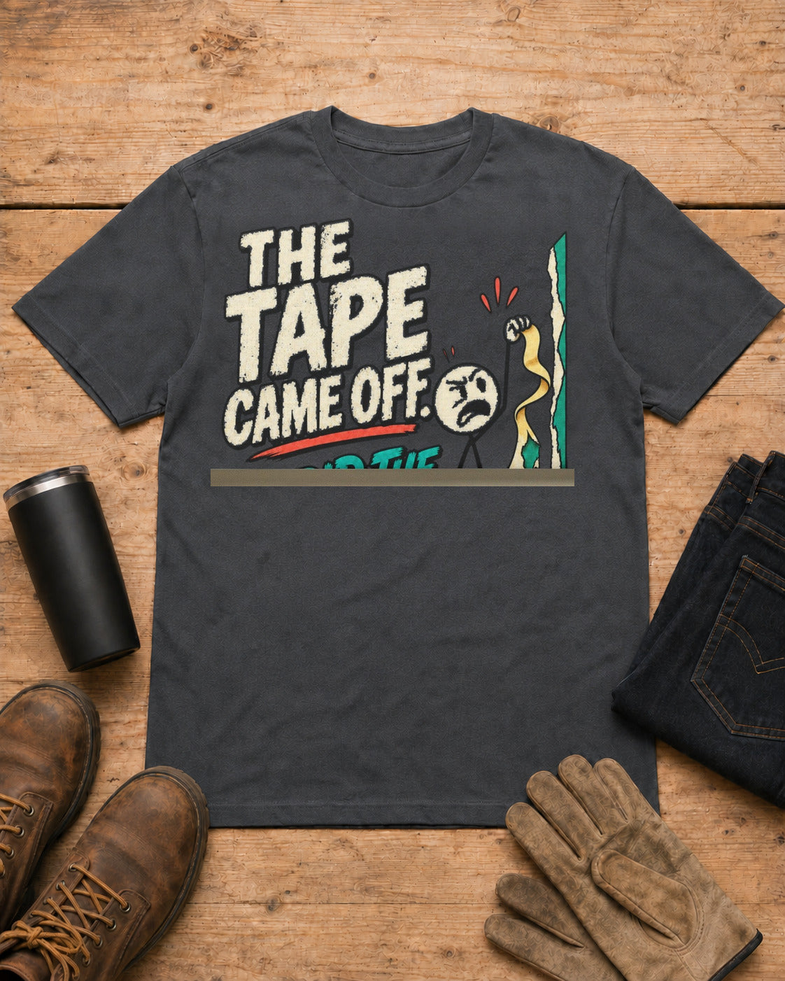 The Tape Came Off. So Did the Paint. | Funny Painter T-Shirt in Dark Heather workbench flat lay