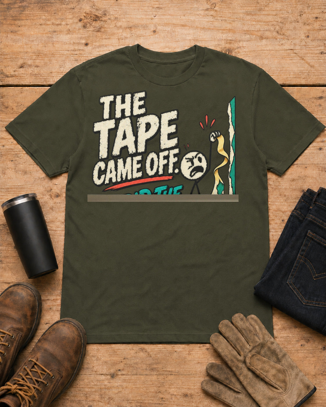 The Tape Came Off. So Did the Paint. | Funny Painter T-Shirt in Military Green workbench flat lay