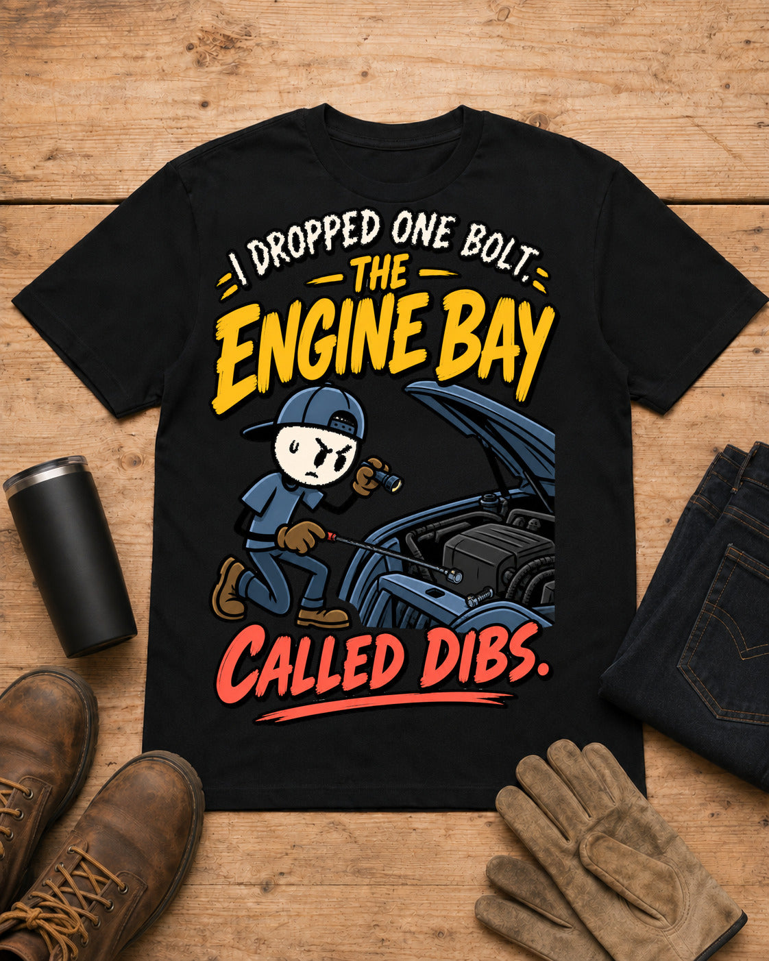 I Dropped One Bolt. The Engine Bay Called Dibs. | Funny Mechanic T-Shirt in Black workbench flat lay