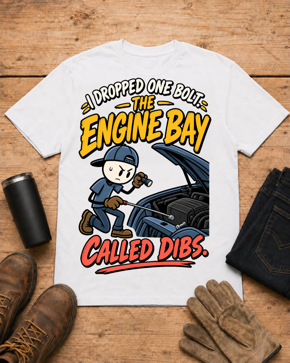 I Dropped One Bolt. The Engine Bay Called Dibs. | Funny Mechanic T-Shirt in White workbench flat lay
