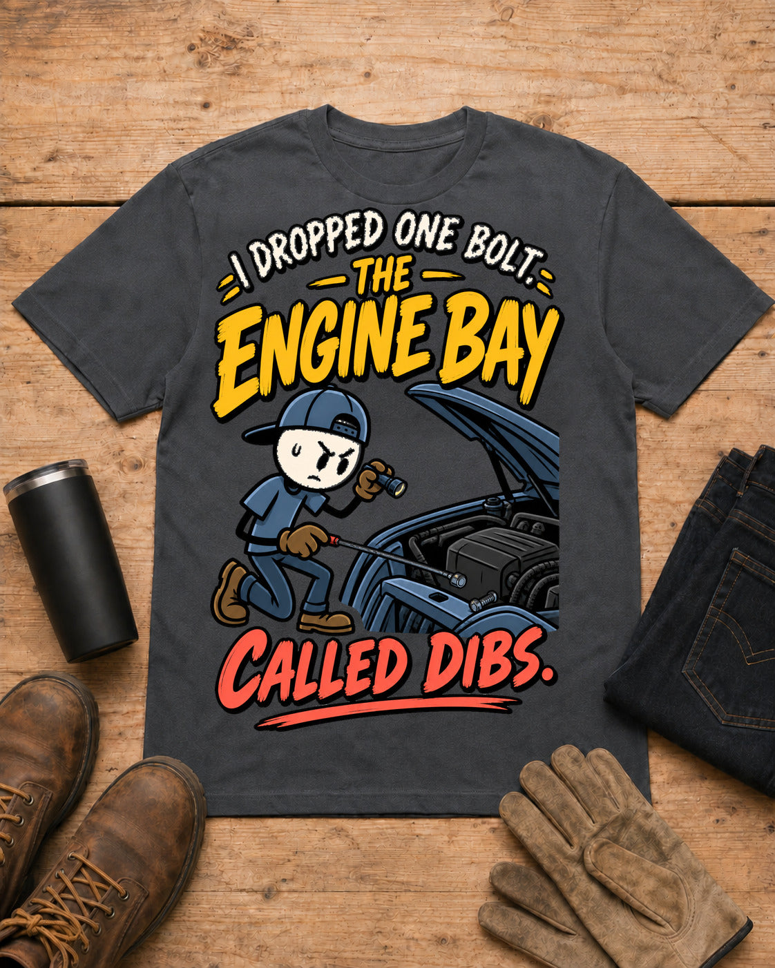 I Dropped One Bolt. The Engine Bay Called Dibs. | Funny Mechanic T-Shirt in Dark Heather workbench flat lay