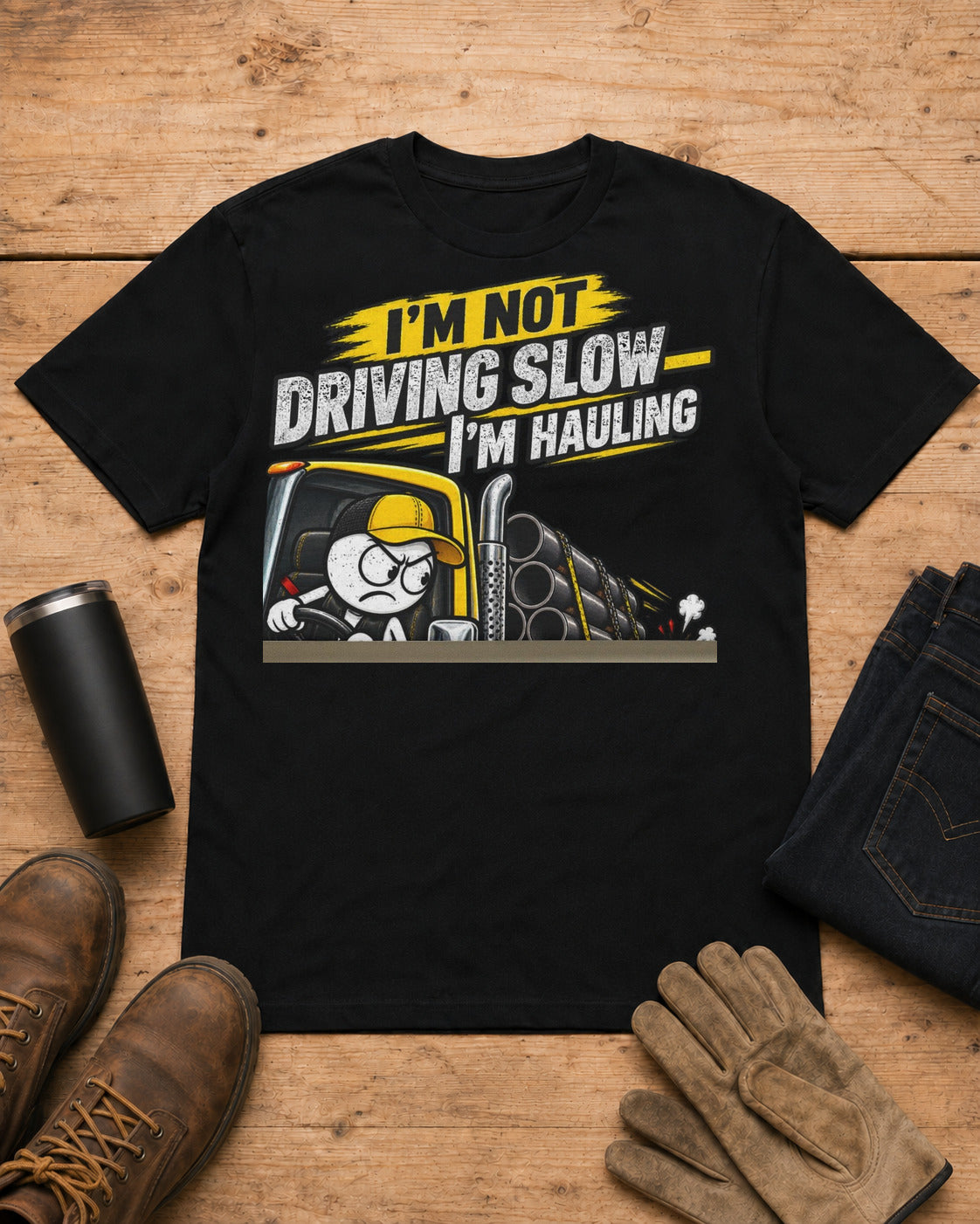 I’m Not Driving Slow—I’m Hauling 80,000 Lbs | Funny Truck Driver T-Shirt in Black workbench flat lay