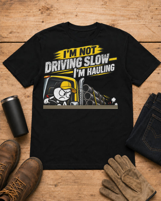 I’m Not Driving Slow—I’m Hauling 80,000 Lbs | Funny Truck Driver T-Shirt in Black workbench flat lay