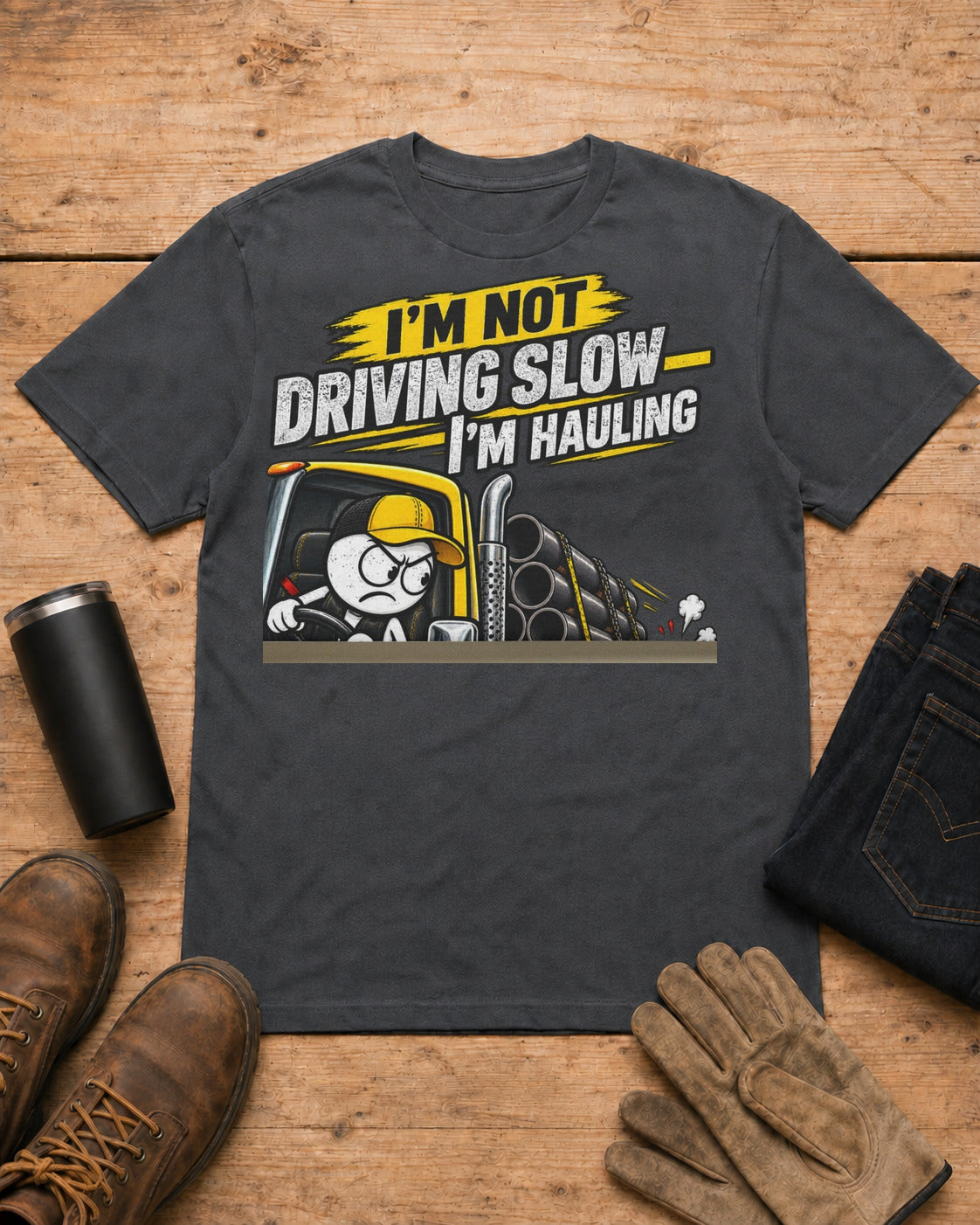 I’m Not Driving Slow—I’m Hauling 80,000 Lbs | Funny Truck Driver T-Shirt in Dark Heather workbench flat lay