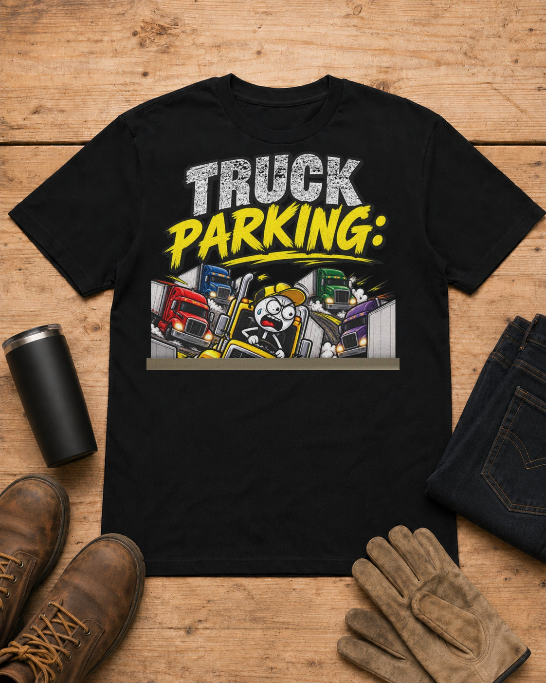 Truck Parking: The Real Hunger Games | Funny Truck Driver T-Shirt in Black workbench flat lay
