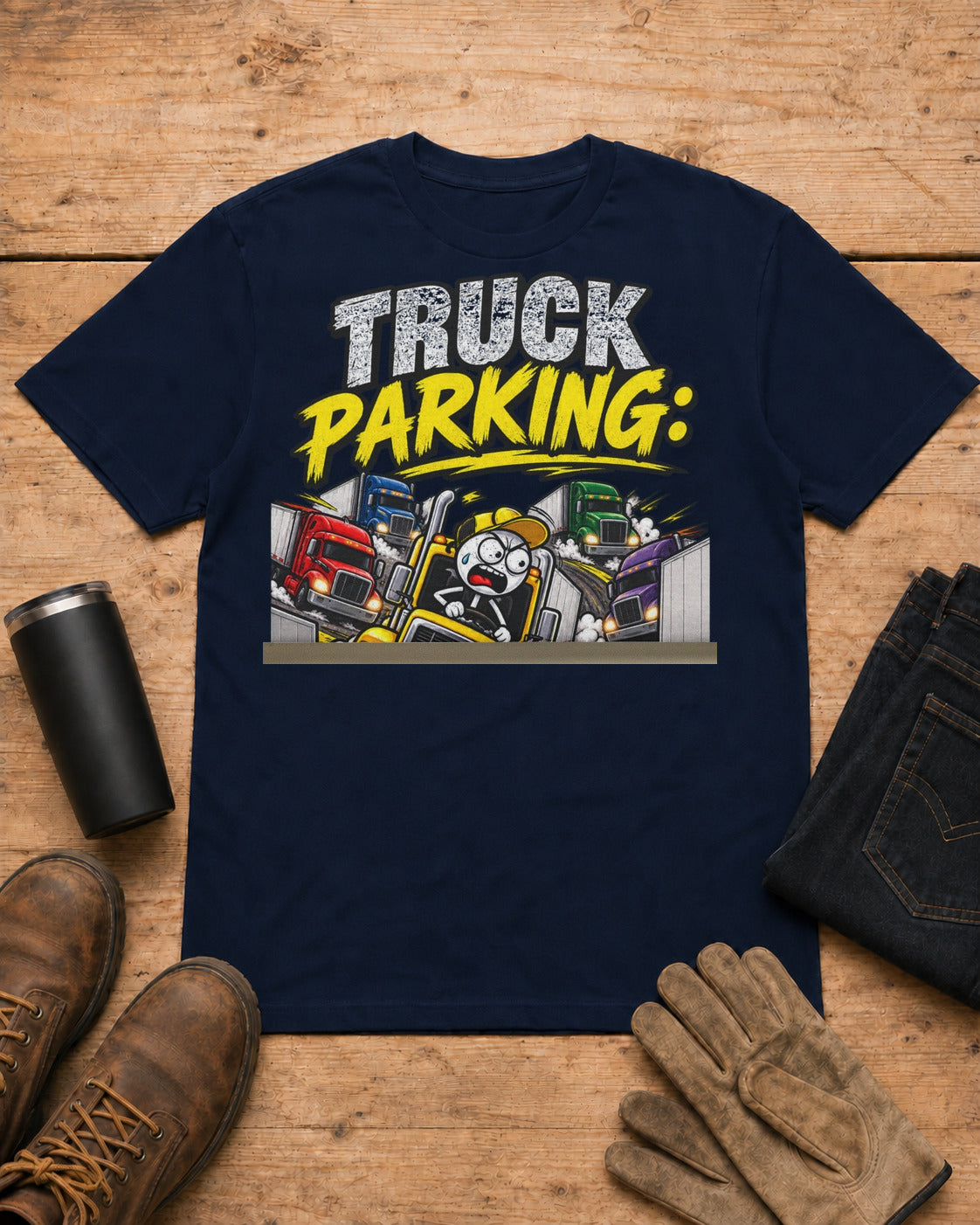 Truck Parking: The Real Hunger Games | Funny Truck Driver T-Shirt in Navy workbench flat lay