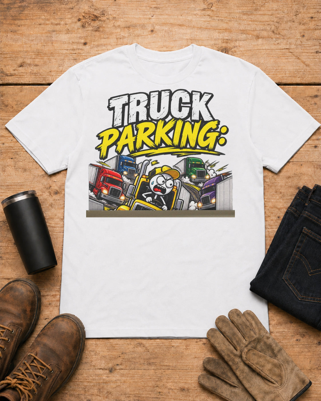 Truck Parking: The Real Hunger Games | Funny Truck Driver T-Shirt in White workbench flat lay