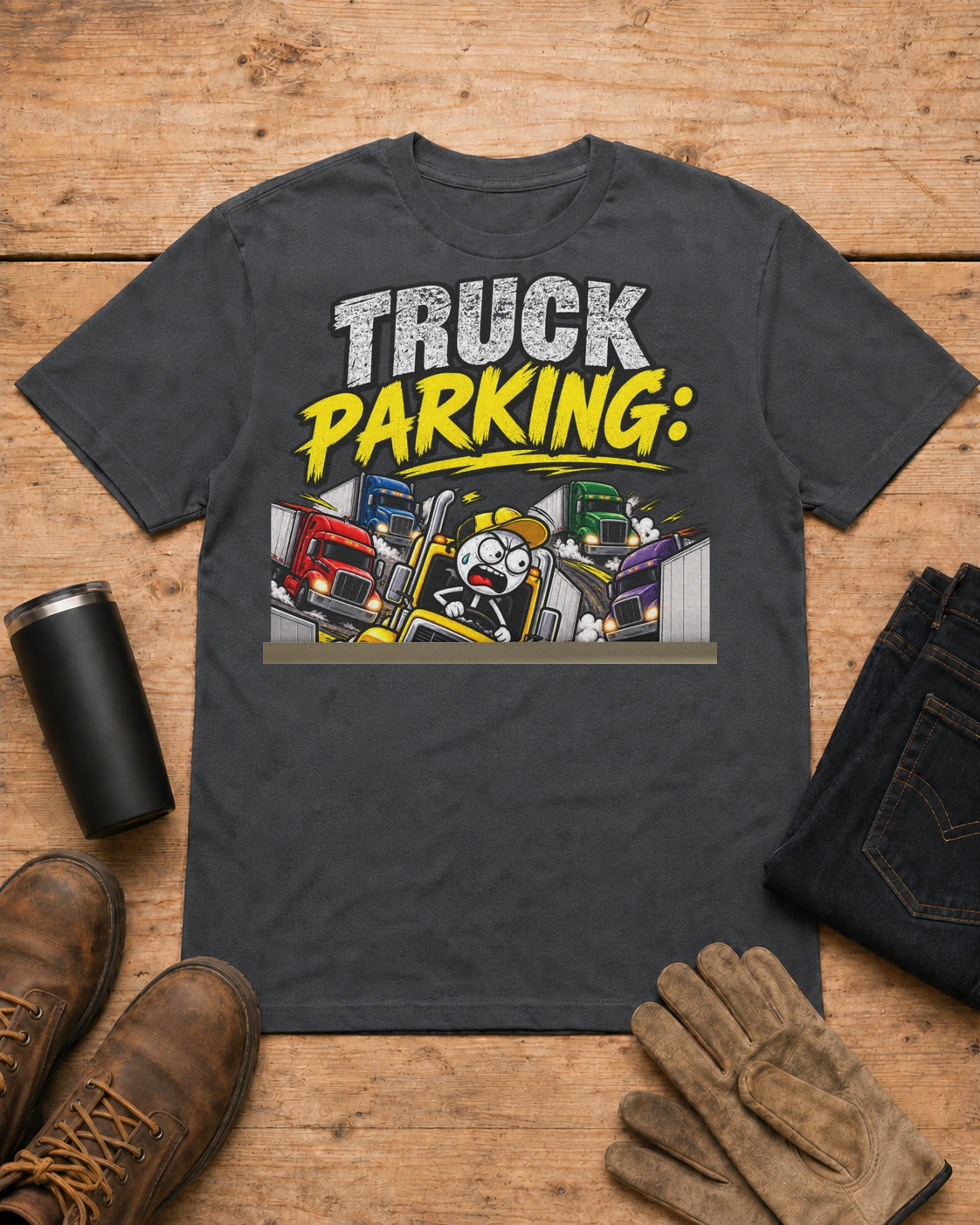 Truck Parking: The Real Hunger Games | Funny Truck Driver T-Shirt in Dark Heather workbench flat lay