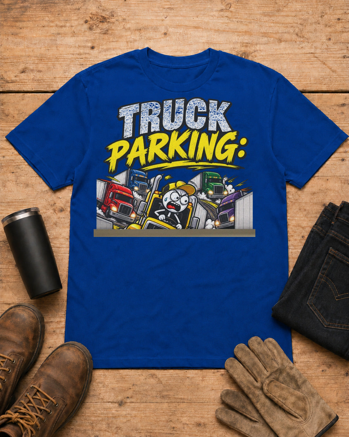 Truck Parking: The Real Hunger Games | Funny Truck Driver T-Shirt in Royal Blue workbench flat lay
