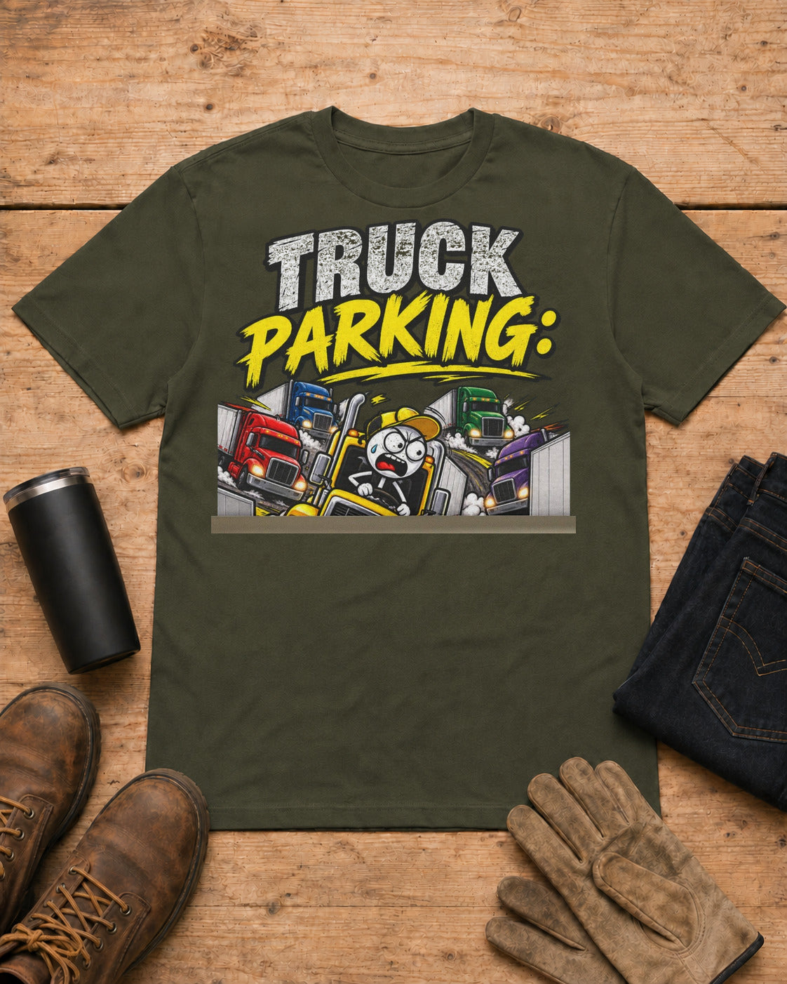 Truck Parking: The Real Hunger Games | Funny Truck Driver T-Shirt in Military Green workbench flat lay