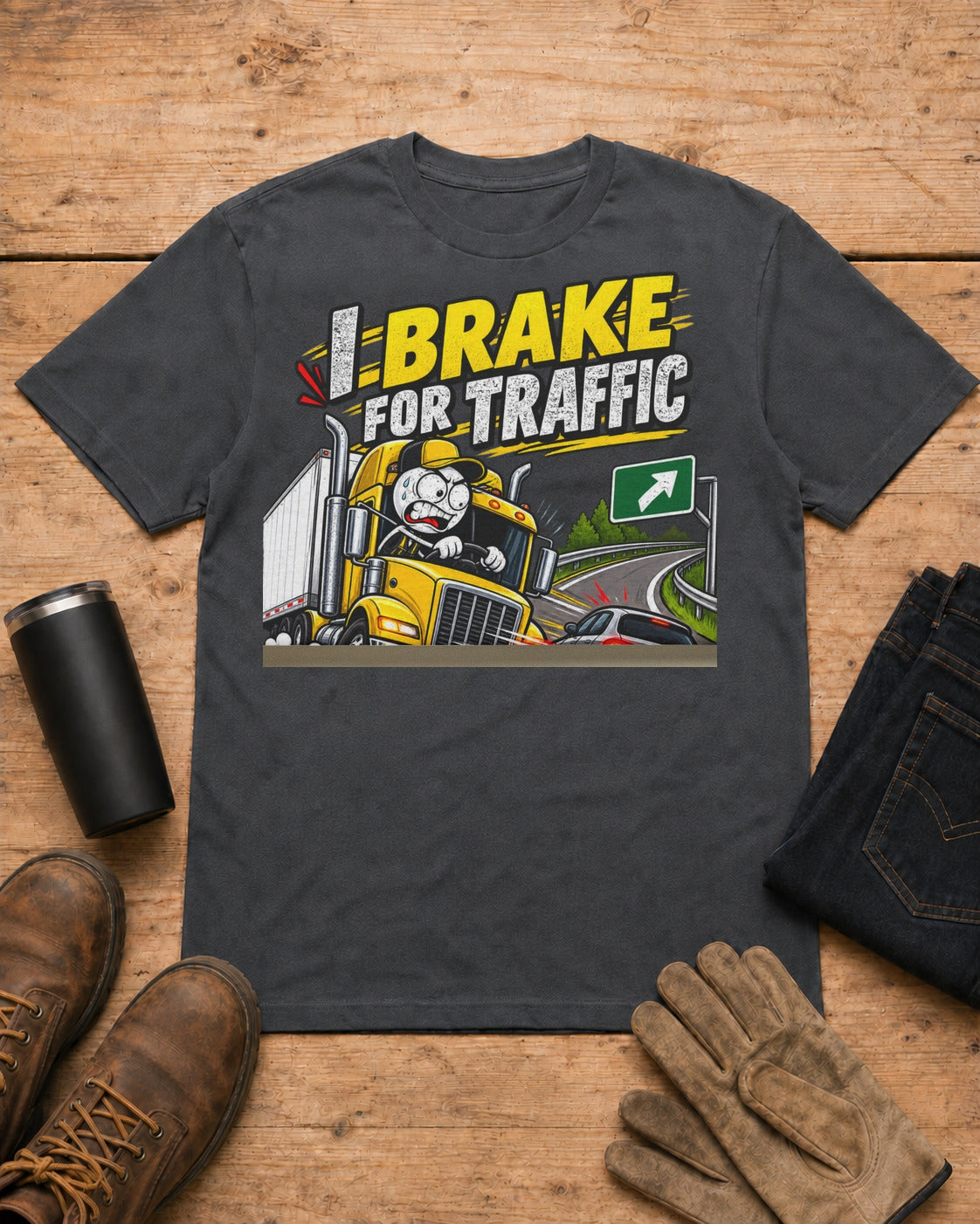 I Brake for Traffic—Not for Your Last-Second Exit | Funny Truck Driver T-Shirt in Dark Heather workbench flat lay