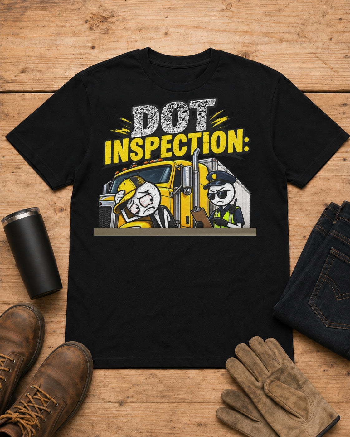 DOT Inspection: Because My Day Was Going Too Well | Funny Truck Driver T-Shirt in Black workbench flat lay