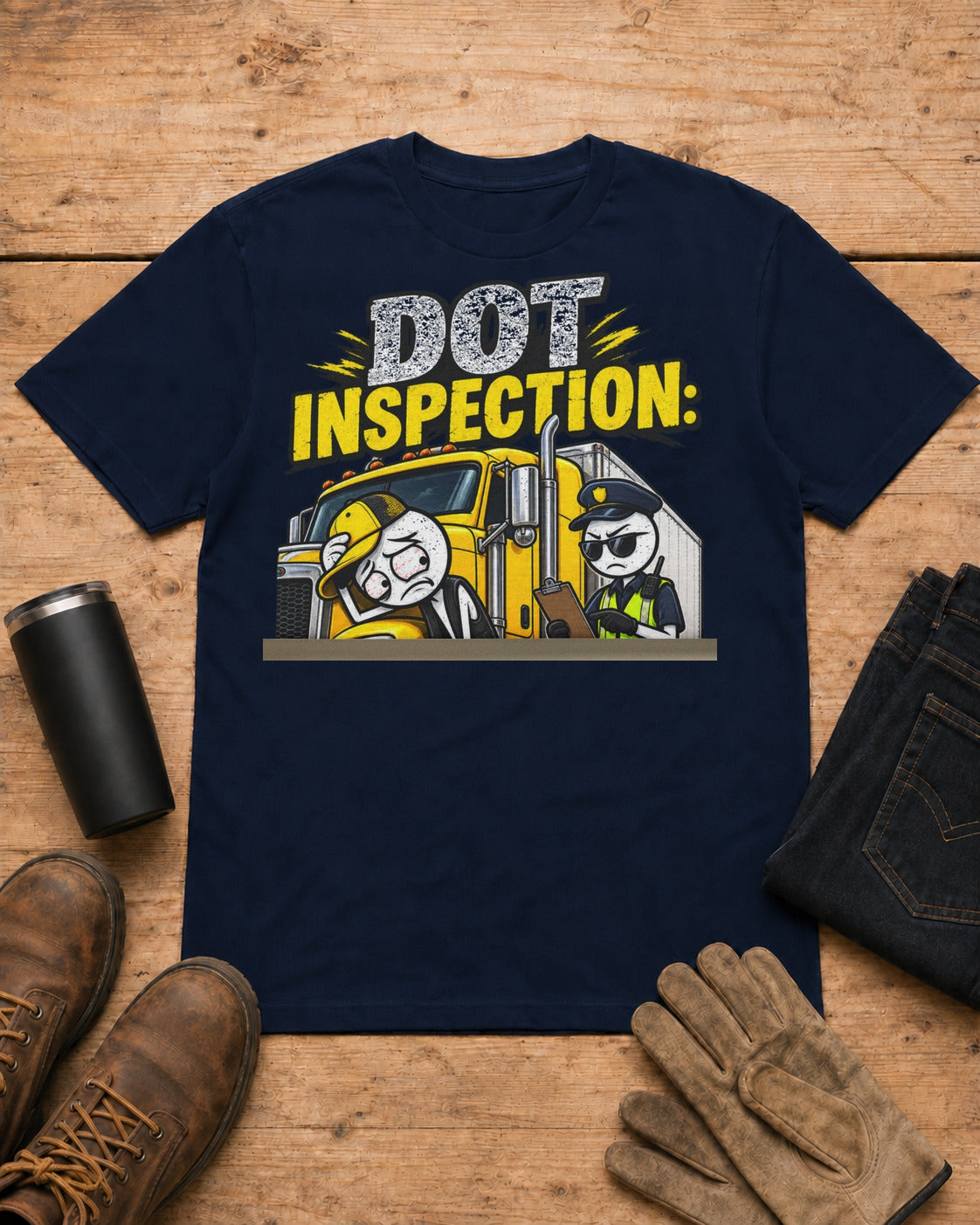 DOT Inspection: Because My Day Was Going Too Well | Funny Truck Driver T-Shirt in Navy workbench flat lay
