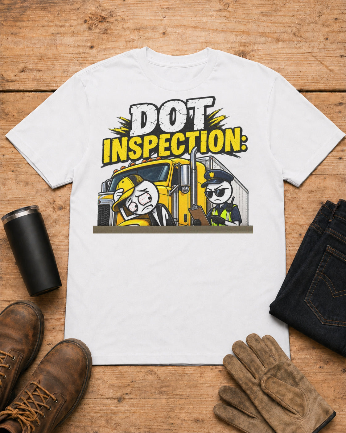 DOT Inspection: Because My Day Was Going Too Well | Funny Truck Driver T-Shirt in White workbench flat lay