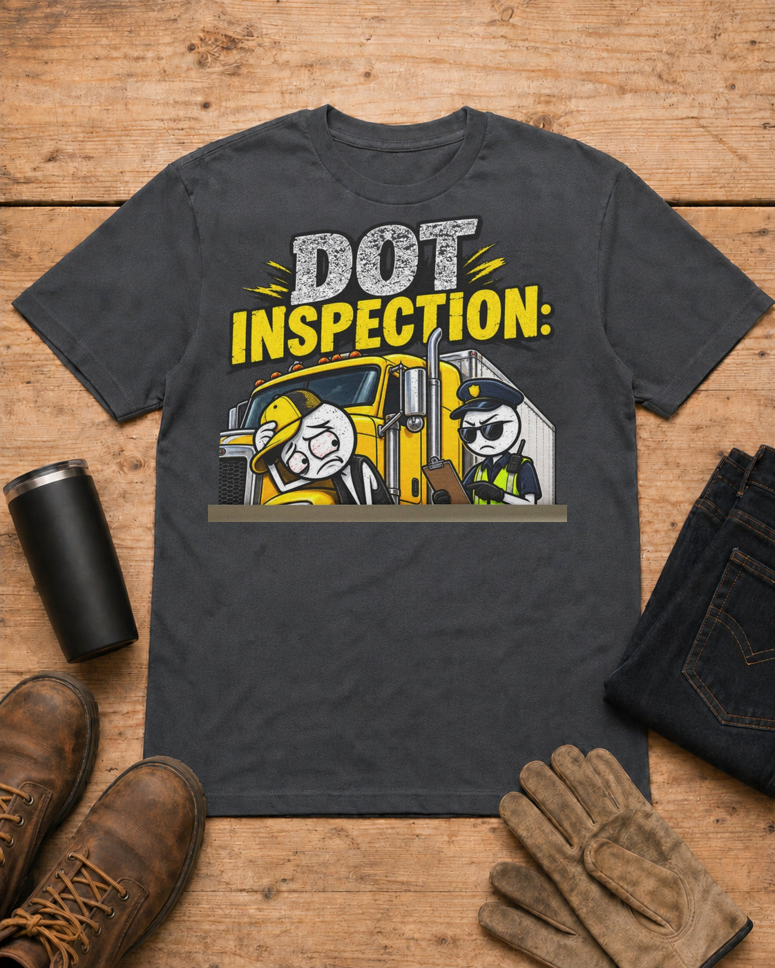 DOT Inspection: Because My Day Was Going Too Well | Funny Truck Driver T-Shirt in Dark Heather workbench flat lay