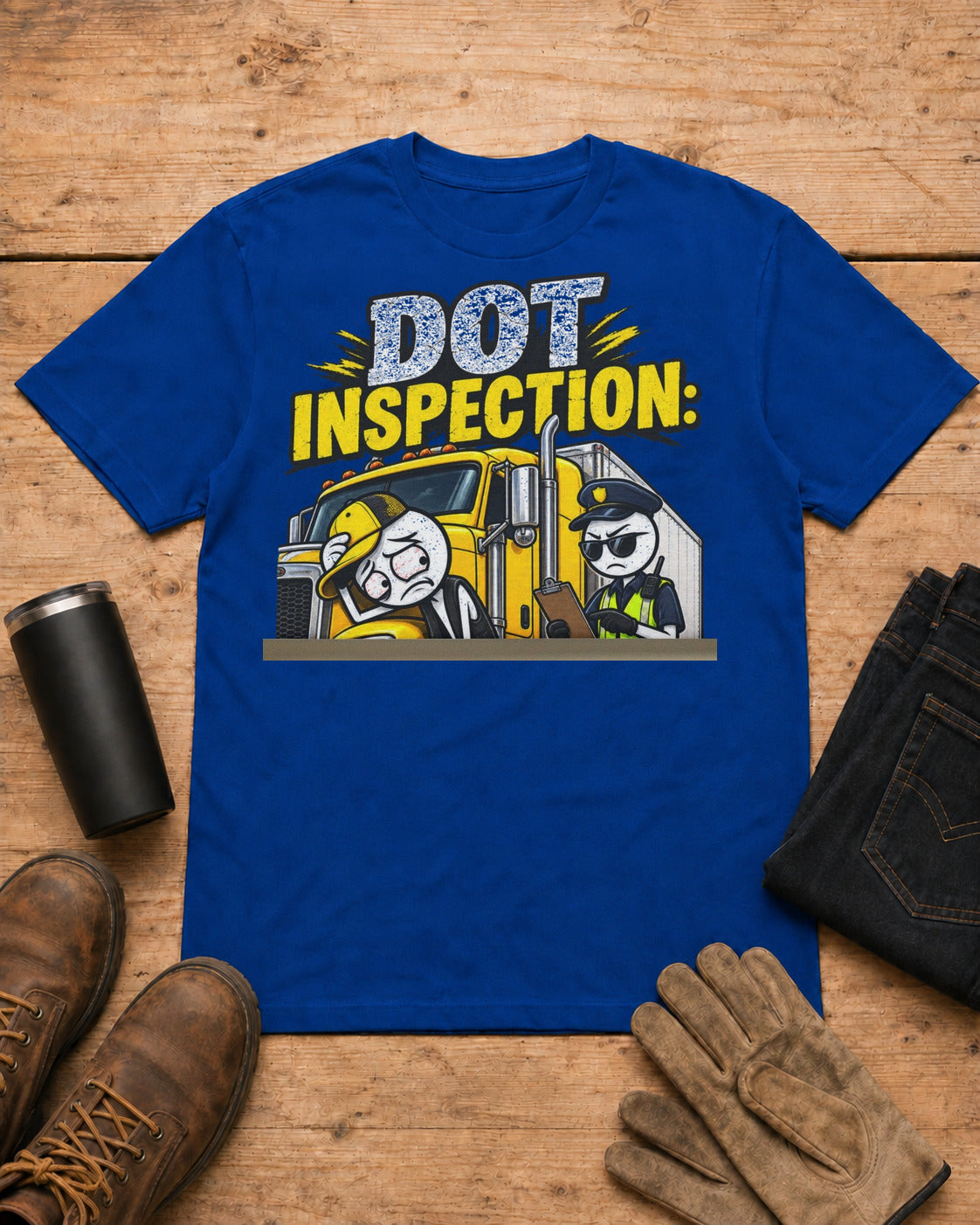 DOT Inspection: Because My Day Was Going Too Well | Funny Truck Driver T-Shirt in Royal Blue workbench flat lay