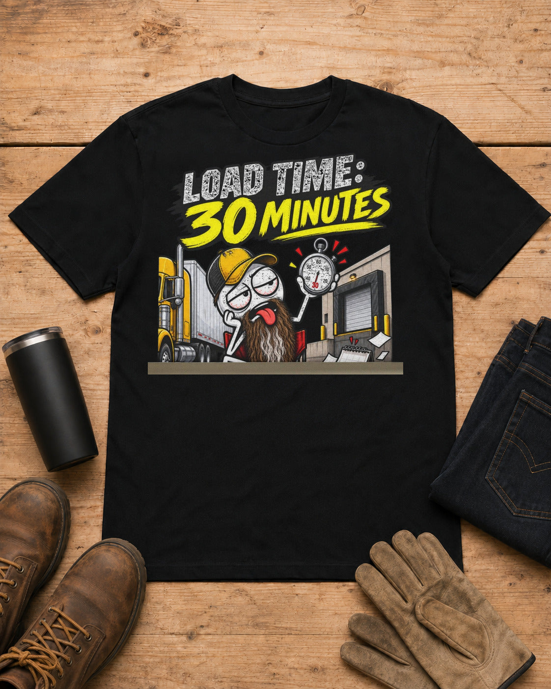 Load Time: 30 Minutes. Actual Wait: 4 Business Days | Funny Truck Driver T-Shirt in Black workbench flat lay