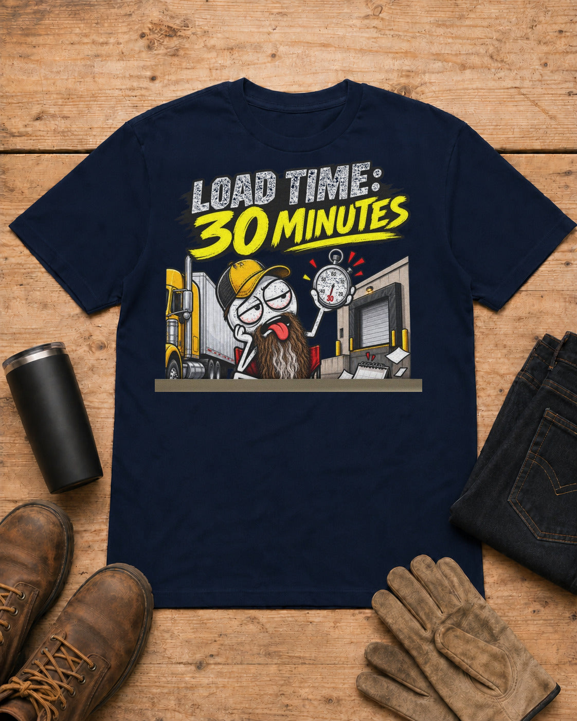Load Time: 30 Minutes. Actual Wait: 4 Business Days | Funny Truck Driver T-Shirt in Navy workbench flat lay