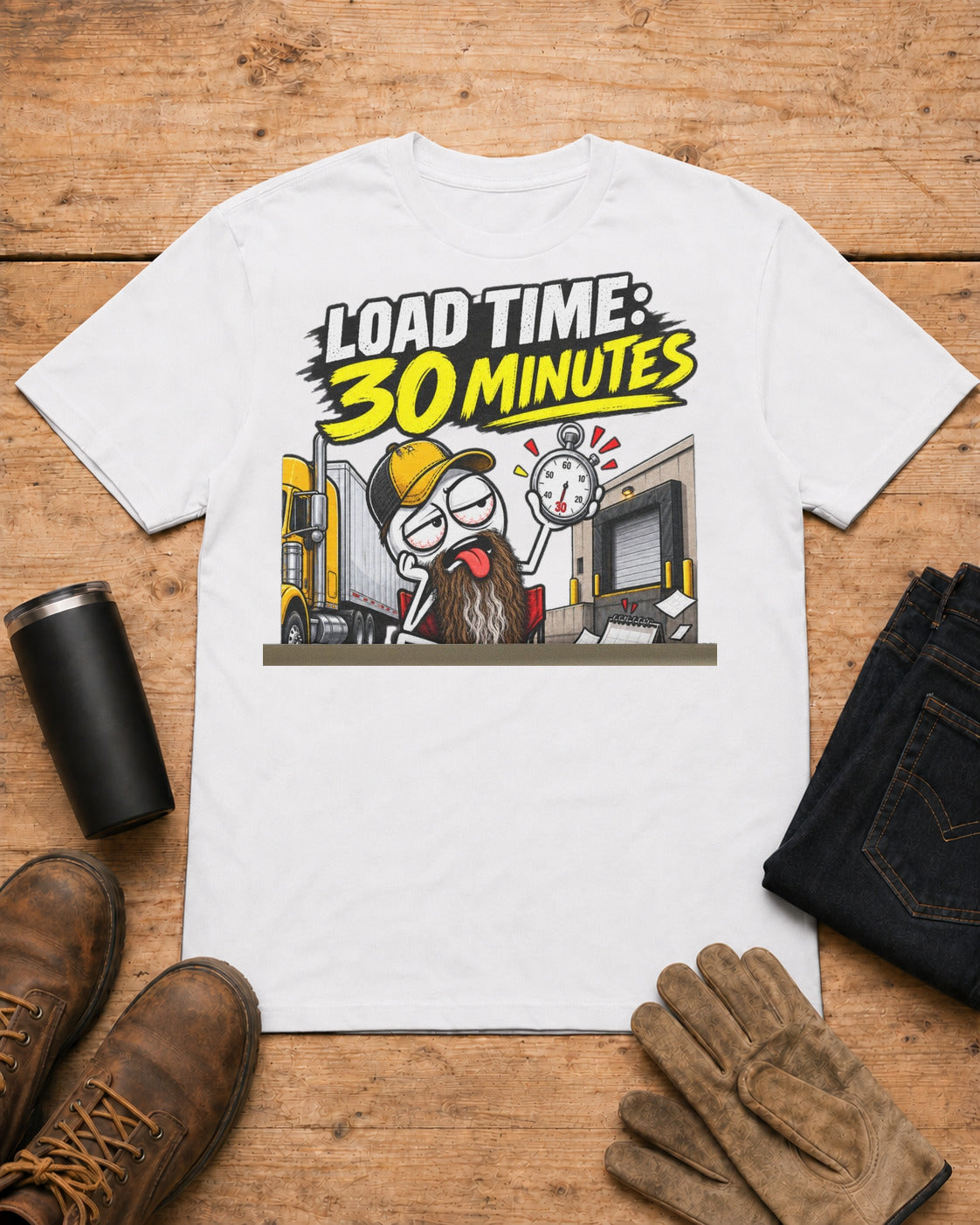 Load Time: 30 Minutes. Actual Wait: 4 Business Days | Funny Truck Driver T-Shirt in White workbench flat lay