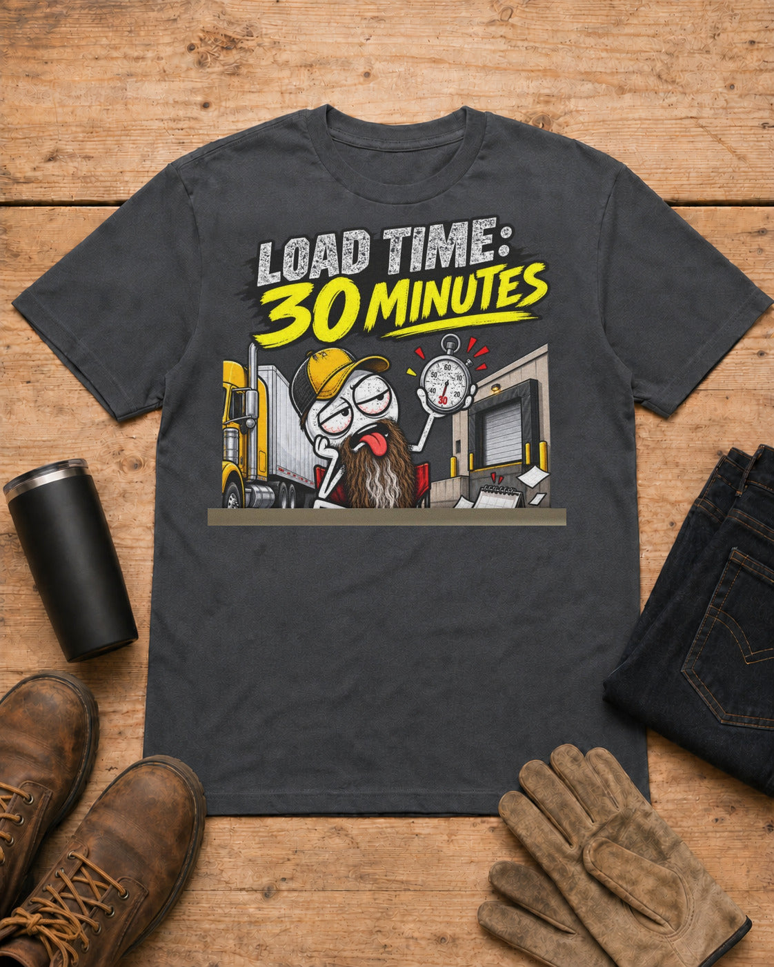 Load Time: 30 Minutes. Actual Wait: 4 Business Days | Funny Truck Driver T-Shirt in Dark Heather workbench flat lay