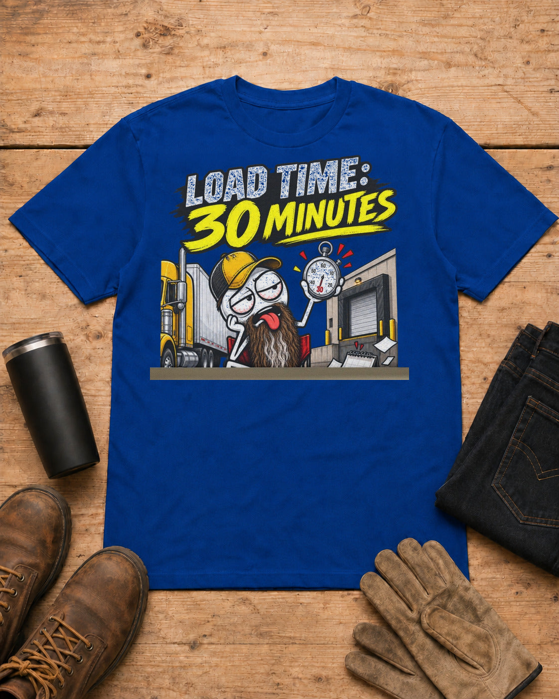 Load Time: 30 Minutes. Actual Wait: 4 Business Days | Funny Truck Driver T-Shirt in Royal Blue workbench flat lay