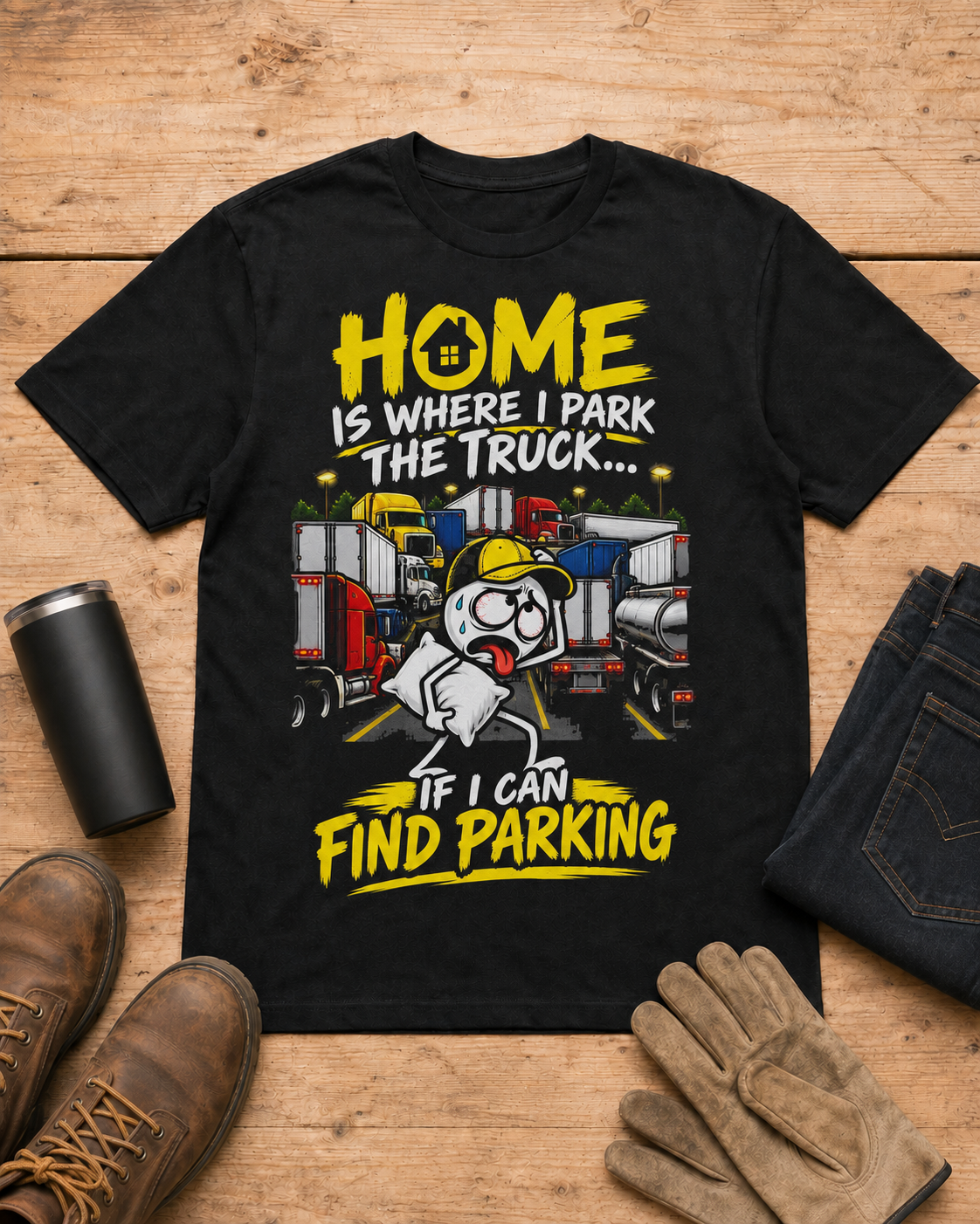 Home Is Where I Park the Truck… If I Can Find Parking | Funny Truck Driver T-Shirt in Black workbench flat lay