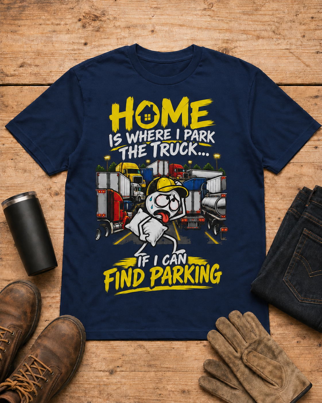 Home Is Where I Park the Truck… If I Can Find Parking | Funny Truck Driver T-Shirt in Navy workbench flat lay