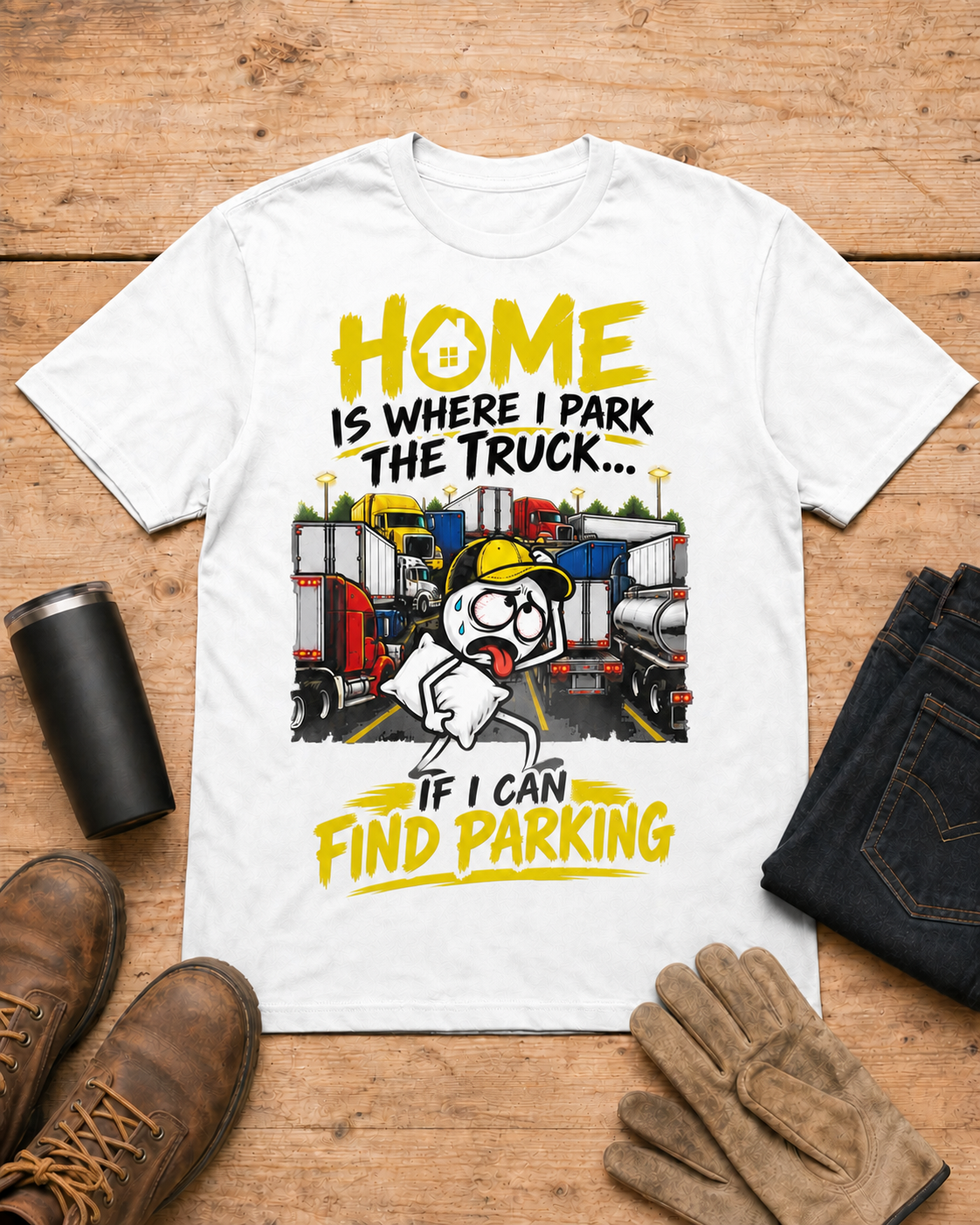Home Is Where I Park the Truck… If I Can Find Parking | Funny Truck Driver T-Shirt in White workbench flat lay