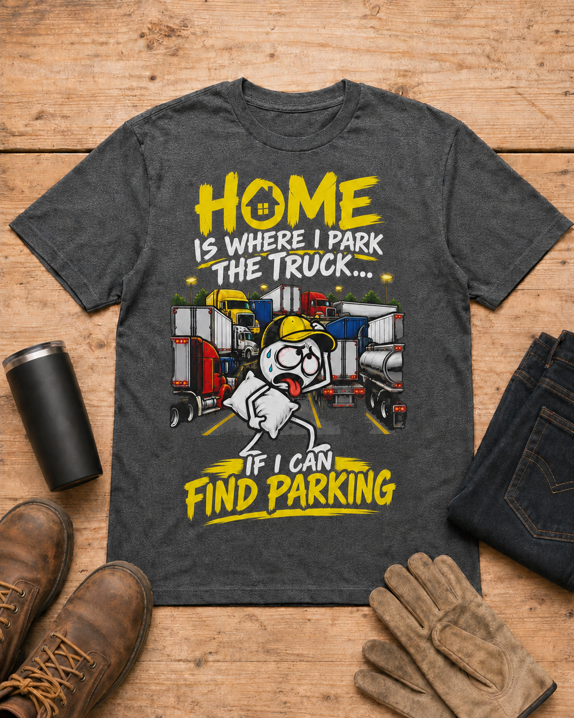 Home Is Where I Park the Truck… If I Can Find Parking | Funny Truck Driver T-Shirt in Dark Heather workbench flat lay