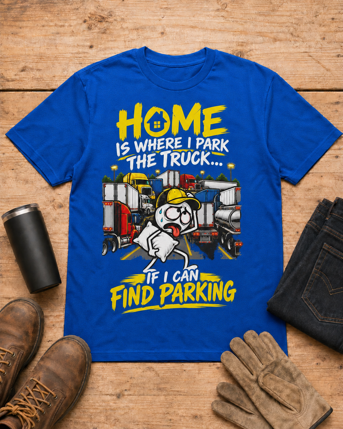 Home Is Where I Park the Truck… If I Can Find Parking | Funny Truck Driver T-Shirt in Royal Blue workbench flat lay